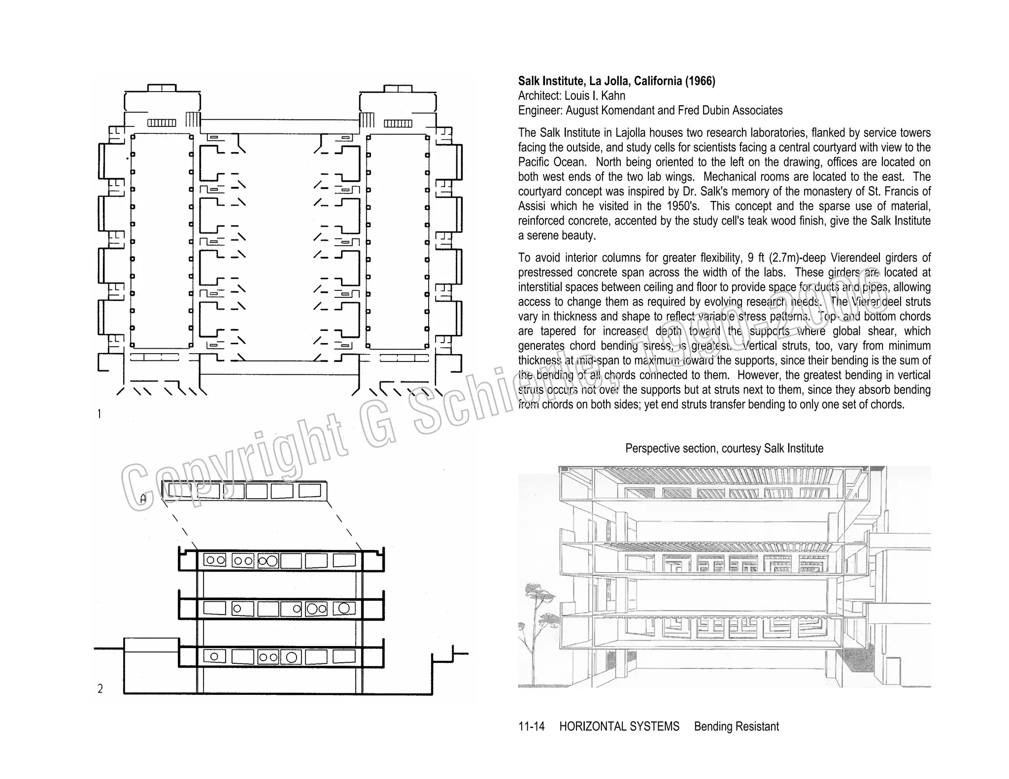 Salk Institute, La Jolla, California (1966)
Architect: Louis I. Kahn
Engineer: August Komendant and Fred Dubin Associates
The Salk Institute in Lajolla houses two research laboratories, flanked by service towers
facing the outside, and study cells for scientists facing a central courtyard with view to the
Pacific Ocean. North being oriented to the left on the drawing, offices are located on
both west ends of the two lab wings. Mechanical rooms are located to the east. The
courtyard concept was inspired by Dr. Salk's memory of the monastery of St. Francis of
Assisi which he visited in the 1950's. This concept and the sparse use of material,
reinforced concrete, accented by the study cell's teak wood finish, give the Salk Institute
a serene beauty.
To avoid interior columns for greater flexibility, 9 ft (2.7m)-deep Vierendeel girders of
prestressed concrete span across the width of the labs. These girders are located at
interstitial spaces between ceiling and floor to provide space for ducts and pipes, allowing
access to change them as required by evolving research needs. The Vierendeel struts
vary in thickness and shape to reflect variable stress patterns. Top- and bottom chords
are tapered for increased depth toward the supports where global shear, which
generates chord bending stress, is greatest. Vertical struts, too, vary from minimum
thickness at mid-span to maximum toward the supports, since their bending is the sum of
the bending of all chords connected to them. However, the greatest bending in vertical
struts occurs not over the supports but at struts next to them, since they absorb bending
from chords on both sides; yet end struts transfer bending to only one set of chords.

006
0-2
9

C

righ
opy

, 19
erle
chi
GS
t

Perspective section, courtesy Salk Institute

11-14

HORIZONTAL SYSTEMS

Bending Resistant

 