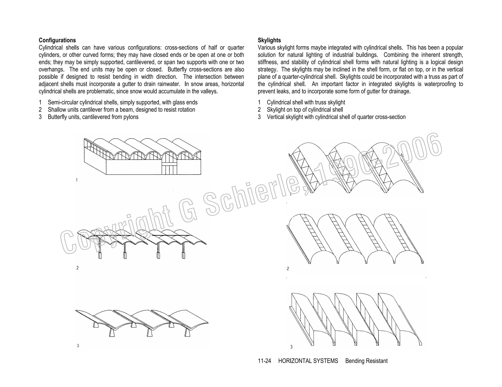 Configurations
Cylindrical shells can have various configurations: cross-sections of half or quarter
cylinders, or other curved forms; they may have closed ends or be open at one or both
ends; they may be simply supported, cantilevered, or span two supports with one or two
overhangs. The end units may be open or closed. Butterfly cross-sections are also
possible if designed to resist bending in width direction. The intersection between
adjacent shells must incorporate a gutter to drain rainwater. In snow areas, horizontal
cylindrical shells are problematic, since snow would accumulate in the valleys.

Skylights
Various skylight forms maybe integrated with cylindrical shells. This has been a popular
solution for natural lighting of industrial buildings. Combining the inherent strength,
stiffness, and stability of cylindrical shell forms with natural lighting is a logical design
strategy. The skylights may be inclined in the shell form, or flat on top, or in the vertical
plane of a quarter-cylindrical shell. Skylights could be incorporated with a truss as part of
the cylindrical shell. An important factor in integrated skylights is waterproofing to
prevent leaks, and to incorporate some form of gutter for drainage.

1 Semi-circular cylindrical shells, simply supported, with glass ends
2 Shallow units cantilever from a beam, designed to resist rotation
3 Butterfly units, cantilevered from pylons

1 Cylindrical shell with truss skylight
2 Skylight on top of cylindrical shell
3 Vertical skylight with cylindrical shell of quarter cross-section

006
0-2
9

, 19
erle
chi
GS
t

C

righ
opy

11-24

HORIZONTAL SYSTEMS

Bending Resistant

 