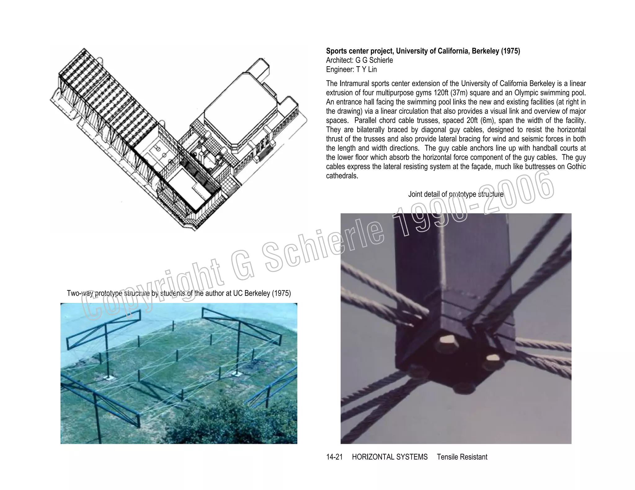 Sports center project, University of California, Berkeley (1975)
Architect: G G Schierle
Engineer: T Y Lin
The Intramural sports center extension of the University of California Berkeley is a linear
extrusion of four multipurpose gyms 120ft (37m) square and an Olympic swimming pool.
An entrance hall facing the swimming pool links the new and existing facilities (at right in
the drawing) via a linear circulation that also provides a visual link and overview of major
spaces. Parallel chord cable trusses, spaced 20ft (6m), span the width of the facility.
They are bilaterally braced by diagonal guy cables, designed to resist the horizontal
thrust of the trusses and also provide lateral bracing for wind and seismic forces in both
the length and width directions. The guy cable anchors line up with handball courts at
the lower floor which absorb the horizontal force component of the guy cables. The guy
cables express the lateral resisting system at the façade, much like buttresses on Gothic
cathedrals.

006
0-2
9

Joint detail of prototype structure

chi
GS
t

righ
opy

C

19
rle
e

Two-way prototype structure by students of the author at UC Berkeley (1975)

14-21

HORIZONTAL SYSTEMS

Tensile Resistant

 