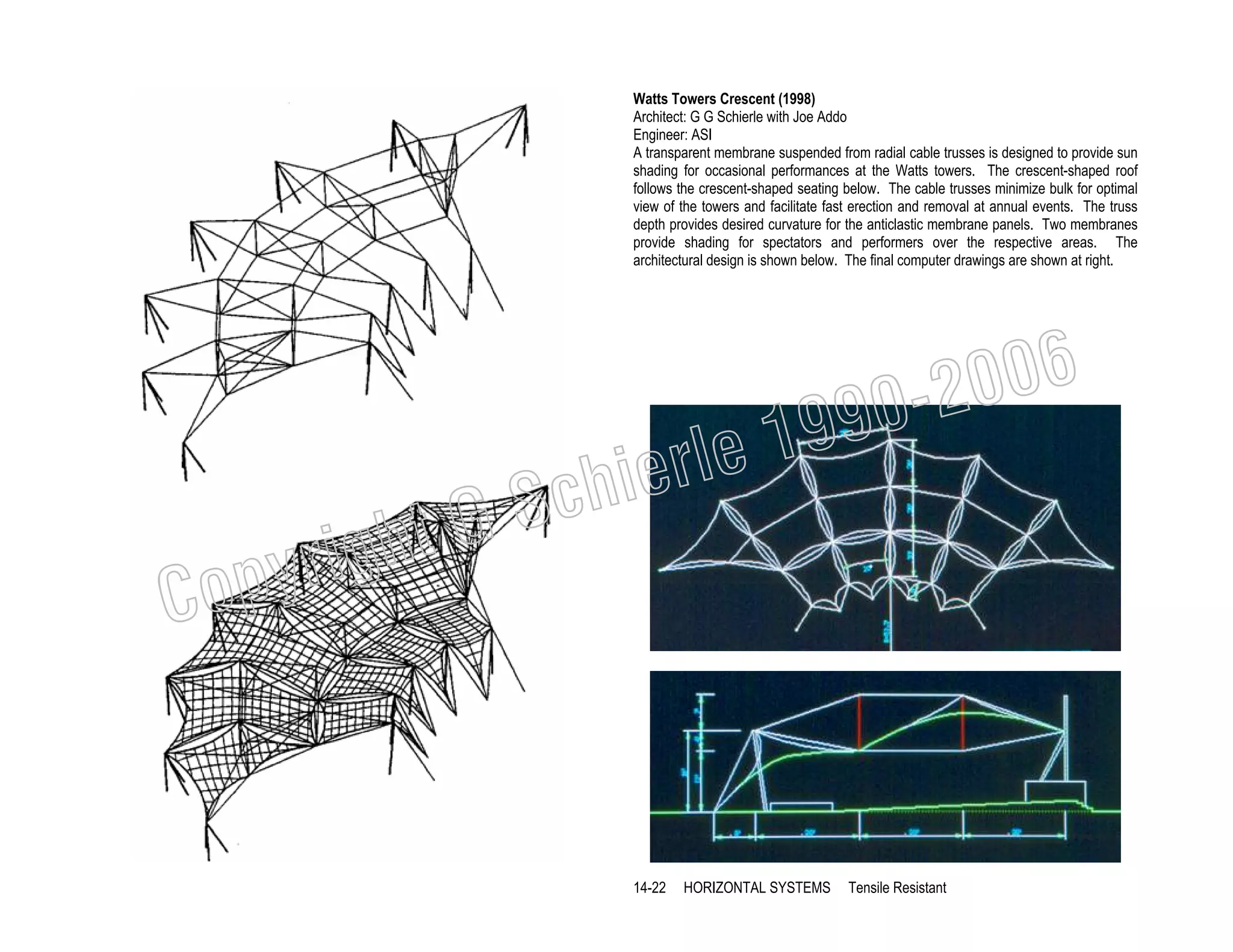 Watts Towers Crescent (1998)
Architect: G G Schierle with Joe Addo
Engineer: ASI
A transparent membrane suspended from radial cable trusses is designed to provide sun
shading for occasional performances at the Watts towers. The crescent-shaped roof
follows the crescent-shaped seating below. The cable trusses minimize bulk for optimal
view of the towers and facilitate fast erection and removal at annual events. The truss
depth provides desired curvature for the anticlastic membrane panels. Two membranes
provide shading for spectators and performers over the respective areas. The
architectural design is shown below. The final computer drawings are shown at right.

19
rle
e

chi
GS
t

righ
opy

C

006
0-2
9

14-22

HORIZONTAL SYSTEMS

Tensile Resistant

 
