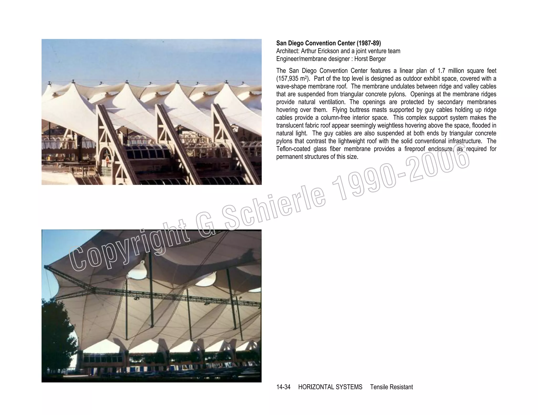 San Diego Convention Center (1987-89)
Architect: Arthur Erickson and a joint venture team
Engineer/membrane designer : Horst Berger
The San Diego Convention Center features a linear plan of 1.7 million square feet
(157,935 m2). Part of the top level is designed as outdoor exhibit space, covered with a
wave-shape membrane roof. The membrane undulates between ridge and valley cables
that are suspended from triangular concrete pylons. Openings at the membrane ridges
provide natural ventilation. The openings are protected by secondary membranes
hovering over them. Flying buttress masts supported by guy cables holding up ridge
cables provide a column-free interior space. This complex support system makes the
translucent fabric roof appear seemingly weightless hovering above the space, flooded in
natural light. The guy cables are also suspended at both ends by triangular concrete
pylons that contrast the lightweight roof with the solid conventional infrastructure. The
Teflon-coated glass fiber membrane provides a fireproof enclosure, as required for
permanent structures of this size.

19
rle
e

chi
GS
t

righ
opy

C

006
0-2
9

14-34

HORIZONTAL SYSTEMS

Tensile Resistant

 