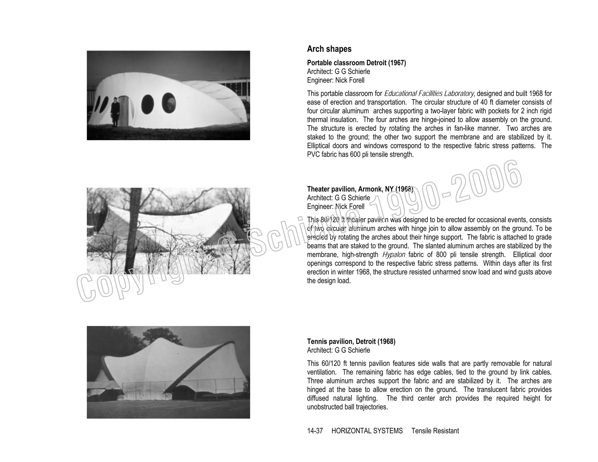 Arch shapes
Portable classroom Detroit (1967)
Architect: G G Schierle
Engineer: Nick Forell
This portable classroom for Educational Facilities Laboratory, designed and built 1968 for
ease of erection and transportation. The circular structure of 40 ft diameter consists of
four circular aluminum arches supporting a two-layer fabric with pockets for 2 inch rigid
thermal insulation. The four arches are hinge-joined to allow assembly on the ground.
The structure is erected by rotating the arches in fan-like manner. Two arches are
staked to the ground; the other two support the membrane and are stabilized by it.
Elliptical doors and windows correspond to the respective fabric stress patterns. The
PVC fabric has 600 pli tensile strength.

006
0-2
9

Theater pavilion, Armonk, NY (1968)
Architect: G G Schierle
Engineer: Nick Forell

chi
GS
t

righ
opy

C

19
rle
e

This 80/120 ft theater pavilion was designed to be erected for occasional events, consists
of two circular aluminum arches with hinge join to allow assembly on the ground. To be
erected by rotating the arches about their hinge support. The fabric is attached to grade
beams that are staked to the ground. The slanted aluminum arches are stabilized by the
membrane, high-strength Hypalon fabric of 800 pli tensile strength. Elliptical door
openings correspond to the respective fabric stress patterns. Within days after its first
erection in winter 1968, the structure resisted unharmed snow load and wind gusts above
the design load.

Tennis pavilion, Detroit (1968)
Architect: G G Schierle
This 60/120 ft tennis pavilion features side walls that are partly removable for natural
ventilation. The remaining fabric has edge cables, tied to the ground by link cables.
Three aluminum arches support the fabric and are stabilized by it. The arches are
hinged at the base to allow erection on the ground. The translucent fabric provides
diffused natural lighting. The third center arch provides the required height for
unobstructed ball trajectories.
14-37

HORIZONTAL SYSTEMS

Tensile Resistant

 