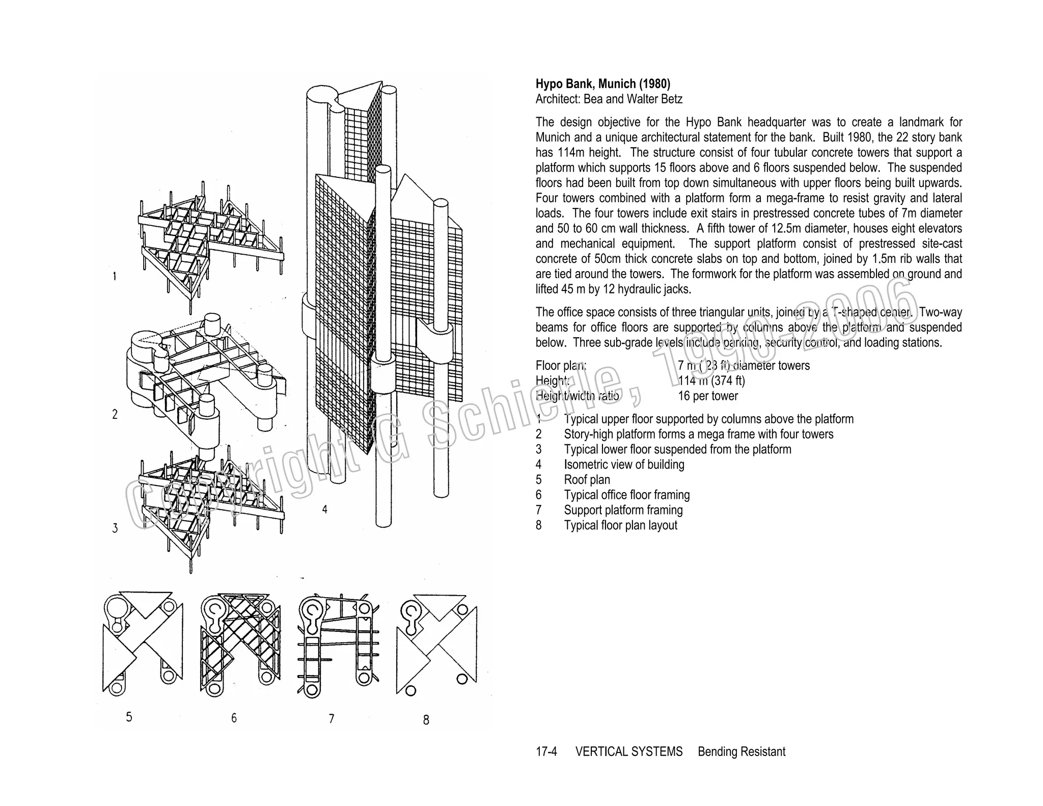 Hypo Bank, Munich (1980)
Architect: Bea and Walter Betz
The design objective for the Hypo Bank headquarter was to create a landmark for
Munich and a unique architectural statement for the bank. Built 1980, the 22 story bank
has 114m height. The structure consist of four tubular concrete towers that support a
platform which supports 15 floors above and 6 floors suspended below. The suspended
floors had been built from top down simultaneous with upper floors being built upwards.
Four towers combined with a platform form a mega-frame to resist gravity and lateral
loads. The four towers include exit stairs in prestressed concrete tubes of 7m diameter
and 50 to 60 cm wall thickness. A fifth tower of 12.5m diameter, houses eight elevators
and mechanical equipment. The support platform consist of prestressed site-cast
concrete of 50cm thick concrete slabs on top and bottom, joined by 1.5m rib walls that
are tied around the towers. The formwork for the platform was assembled on ground and
lifted 45 m by 12 hydraulic jacks.

006
0-2
9

The office space consists of three triangular units, joined by a T-shaped center. Two-way
beams for office floors are supported by columns above the platform and suspended
below. Three sub-grade levels include parking, security control, and loading stations.

, 19
erle
chi
GS
t
Floor plan:
Height:
Height/width ratio

C

righ
opy

1
2
3
4
5
6
7
8

17-4

7 m ( 23 ft) diameter towers
114 m (374 ft)
16 per tower

Typical upper floor supported by columns above the platform
Story-high platform forms a mega frame with four towers
Typical lower floor suspended from the platform
Isometric view of building
Roof plan
Typical office floor framing
Support platform framing
Typical floor plan layout

VERTICAL SYSTEMS

Bending Resistant

 