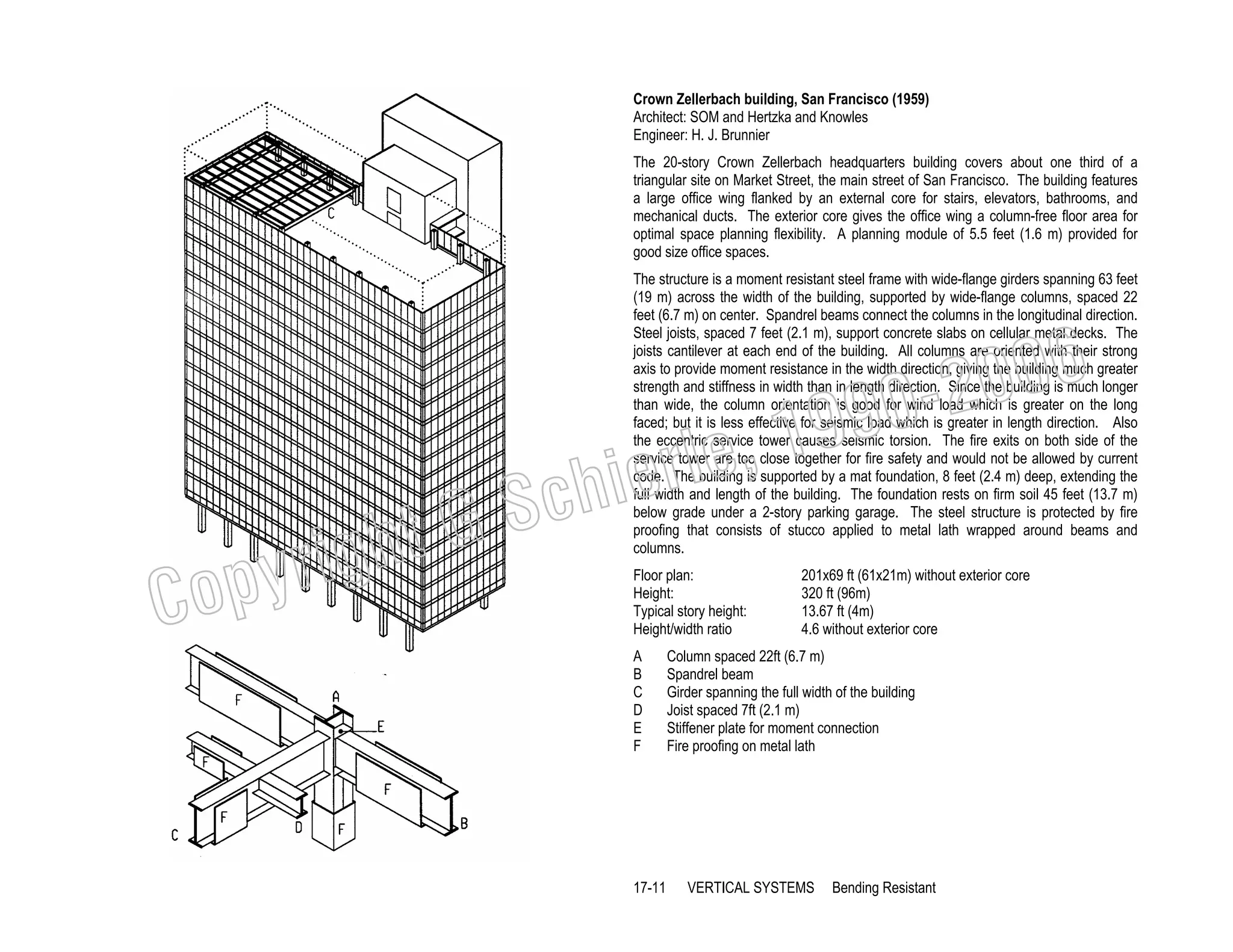 Crown Zellerbach building, San Francisco (1959)
Architect: SOM and Hertzka and Knowles
Engineer: H. J. Brunnier
The 20-story Crown Zellerbach headquarters building covers about one third of a
triangular site on Market Street, the main street of San Francisco. The building features
a large office wing flanked by an external core for stairs, elevators, bathrooms, and
mechanical ducts. The exterior core gives the office wing a column-free floor area for
optimal space planning flexibility. A planning module of 5.5 feet (1.6 m) provided for
good size office spaces.
The structure is a moment resistant steel frame with wide-flange girders spanning 63 feet
(19 m) across the width of the building, supported by wide-flange columns, spaced 22
feet (6.7 m) on center. Spandrel beams connect the columns in the longitudinal direction.
Steel joists, spaced 7 feet (2.1 m), support concrete slabs on cellular metal decks. The
joists cantilever at each end of the building. All columns are oriented with their strong
axis to provide moment resistance in the width direction, giving the building much greater
strength and stiffness in width than in length direction. Since the building is much longer
than wide, the column orientation is good for wind load which is greater on the long
faced; but it is less effective for seismic load which is greater in length direction. Also
the eccentric service tower causes seismic torsion. The fire exits on both side of the
service tower are too close together for fire safety and would not be allowed by current
code. The building is supported by a mat foundation, 8 feet (2.4 m) deep, extending the
full width and length of the building. The foundation rests on firm soil 45 feet (13.7 m)
below grade under a 2-story parking garage. The steel structure is protected by fire
proofing that consists of stucco applied to metal lath wrapped around beams and
columns.

006
0-2
9

C

righ
opy

, 19
erle
chi
GS
t
Floor plan:
Height:
Typical story height:
Height/width ratio
A
B
C
D
E
F

17-11

201x69 ft (61x21m) without exterior core
320 ft (96m)
13.67 ft (4m)
4.6 without exterior core

Column spaced 22ft (6.7 m)
Spandrel beam
Girder spanning the full width of the building
Joist spaced 7ft (2.1 m)
Stiffener plate for moment connection
Fire proofing on metal lath

VERTICAL SYSTEMS

Bending Resistant

 