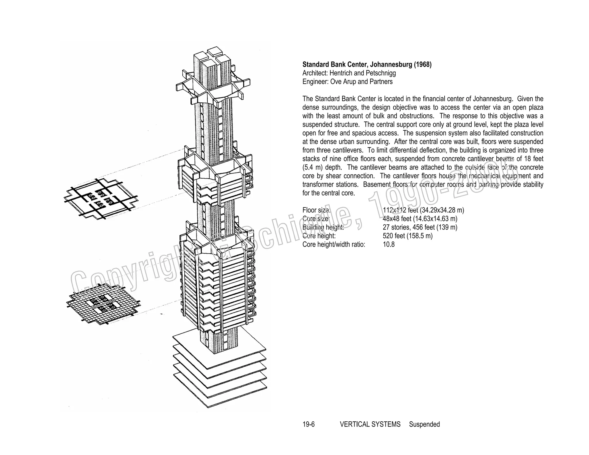 Standard Bank Center, Johannesburg (1968)
Architect: Hentrich and Petschnigg
Engineer: Ove Arup and Partners
The Standard Bank Center is located in the financial center of Johannesburg. Given the
dense surroundings, the design objective was to access the center via an open plaza
with the least amount of bulk and obstructions. The response to this objective was a
suspended structure. The central support core only at ground level, kept the plaza level
open for free and spacious access. The suspension system also facilitated construction
at the dense urban surrounding. After the central core was built, floors were suspended
from three cantilevers. To limit differential deflection, the building is organized into three
stacks of nine office floors each, suspended from concrete cantilever beams of 18 feet
(5.4 m) depth. The cantilever beams are attached to the outside face of the concrete
core by shear connection. The cantilever floors house the mechanical equipment and
transformer stations. Basement floors for computer rooms and parking provide stability
for the central core.

, 19
erle
chi
GS
t

righ
opy

C

006
0-2
9

Floor size:
Core size:
Building height:
Core height:
Core height/width ratio:

19-6

112x112 feet (34.29x34.28 m)
48x48 feet (14.63x14.63 m)
27 stories, 456 feet (139 m)
520 feet (158.5 m)
10.8

VERTICAL SYSTEMS

Suspended

 