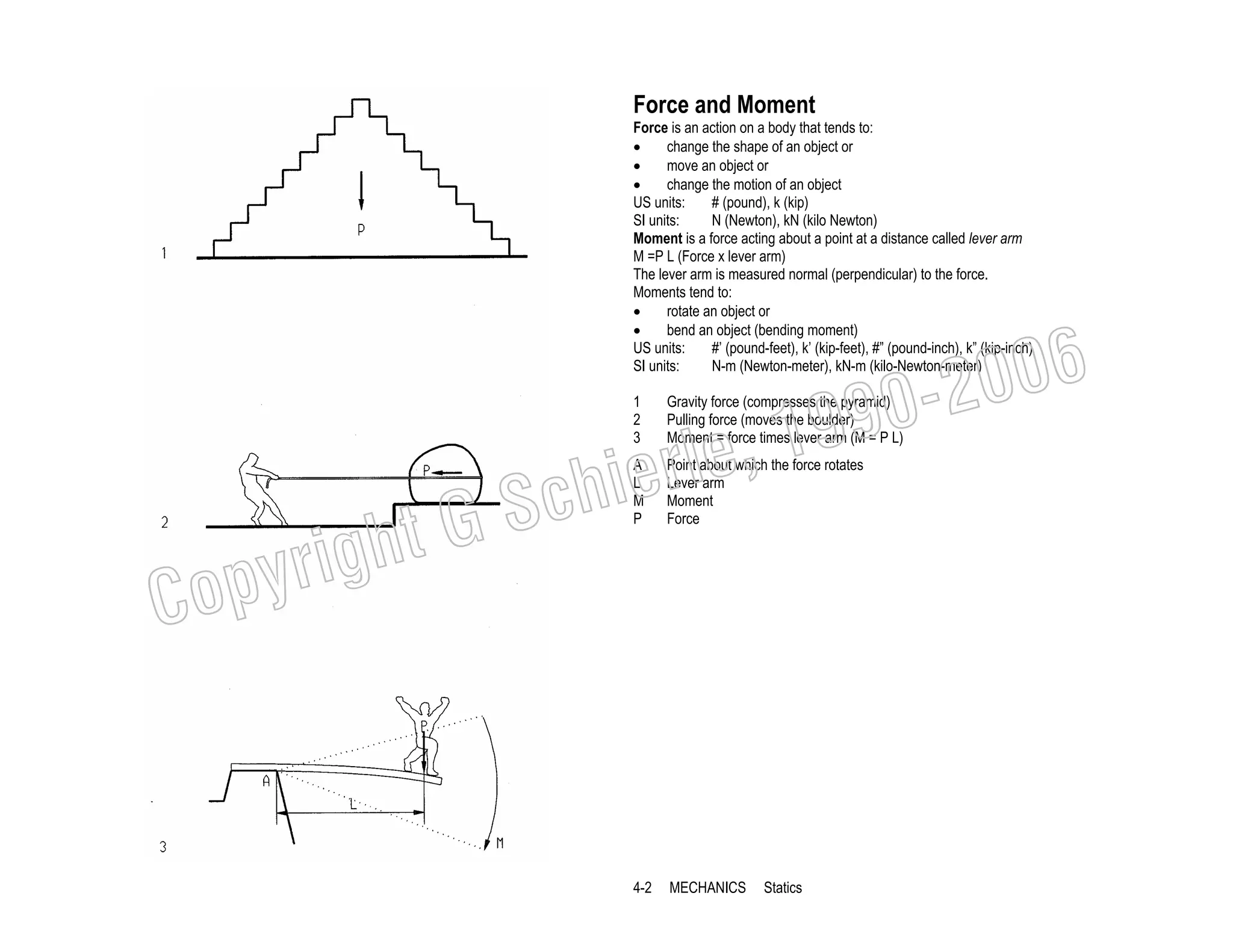 Force and Moment
Force is an action on a body that tends to:
•
change the shape of an object or
•
move an object or
•
change the motion of an object
US units:
# (pound), k (kip)
SI units:
N (Newton), kN (kilo Newton)
Moment is a force acting about a point at a distance called lever arm
M =P L (Force x lever arm)
The lever arm is measured normal (perpendicular) to the force.
Moments tend to:
•
rotate an object or
•
bend an object (bending moment)
US units:
#’ (pound-feet), k’ (kip-feet), #” (pound-inch), k” (kip-inch)
SI units:
N-m (Newton-meter), kN-m (kilo-Newton-meter)

006
0-2
9

, 19
erle
chi
GS
t
1
2
3

C

righ
opy

Gravity force (compresses the pyramid)
Pulling force (moves the boulder)
Moment = force times lever arm (M = P L)

A
L
M
P

Point about which the force rotates
Lever arm
Moment
Force

4-2

MECHANICS

Statics

 