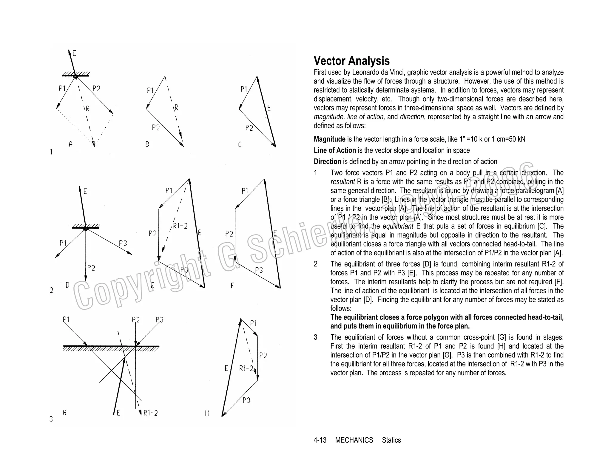 Vector Analysis
First used by Leonardo da Vinci, graphic vector analysis is a powerful method to analyze
and visualize the flow of forces through a structure. However, the use of this method is
restricted to statically determinate systems. In addition to forces, vectors may represent
displacement, velocity, etc. Though only two-dimensional forces are described here,
vectors may represent forces in three-dimensional space as well. Vectors are defined by
magnitude, line of action, and direction, represented by a straight line with an arrow and
defined as follows:
Magnitude is the vector length in a force scale, like 1” =10 k or 1 cm=50 kN
Line of Action is the vector slope and location in space
Direction is defined by an arrow pointing in the direction of action
1
Two force vectors P1 and P2 acting on a body pull in a certain direction. The
resultant R is a force with the same results as P1 and P2 combined, pulling in the
same general direction. The resultant is found by drawing a force parallelogram [A]
or a force triangle [B]. Lines in the vector triangle must be parallel to corresponding
lines in the vector plan [A]. The line of action of the resultant is at the intersection
of P1 / P2 in the vector plan [A]. Since most structures must be at rest it is more
useful to find the equilibriant E that puts a set of forces in equilibrium [C]. The
equilibriant is equal in magnitude but opposite in direction to the resultant. The
equilibriant closes a force triangle with all vectors connected head-to-tail. The line
of action of the equilibriant is also at the intersection of P1/P2 in the vector plan [A].
2
The equilibriant of three forces [D] is found, combining interim resultant R1-2 of
forces P1 and P2 with P3 [E]. This process may be repeated for any number of
forces. The interim resultants help to clarify the process but are not required [F].
The line of action of the equilibriant is located at the intersection of all forces in the
vector plan [D]. Finding the equilibriant for any number of forces may be stated as
follows:
The equilibriant closes a force polygon with all forces connected head-to-tail,
and puts them in equilibrium in the force plan.
3
The equilibriant of forces without a common cross-point [G] is found in stages:
First the interim resultant R1-2 of P1 and P2 is found [H] and located at the
intersection of P1/P2 in the vector plan [G]. P3 is then combined with R1-2 to find
the equilibriant for all three forces, located at the intersection of R1-2 with P3 in the
vector plan. The process is repeated for any number of forces.

006
0-2
9

C

righ
opy

, 19
erle
chi
GS
t

4-13

MECHANICS

Statics

 
