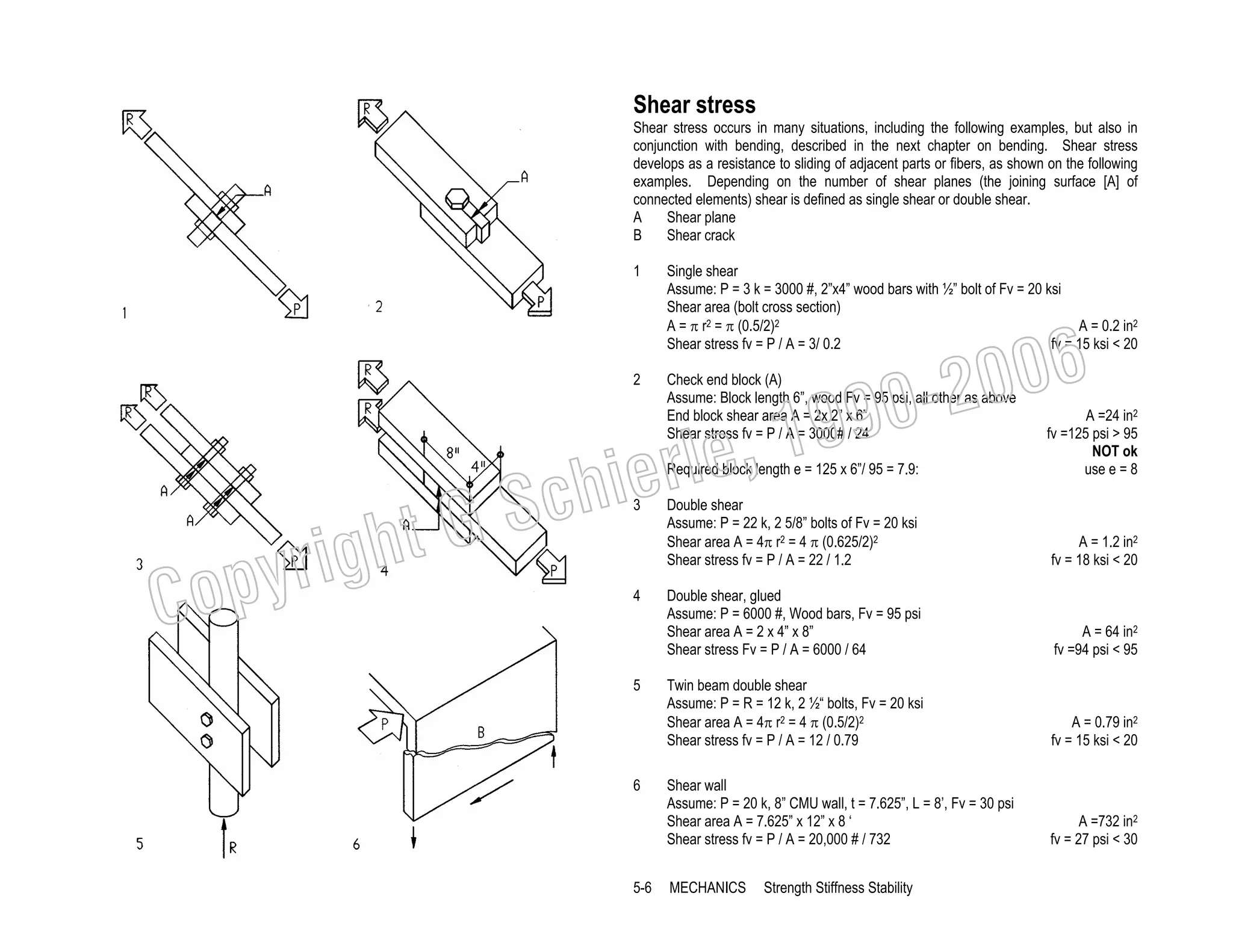 Shear stress
Shear stress occurs in many situations, including the following examples, but also in
conjunction with bending, described in the next chapter on bending. Shear stress
develops as a resistance to sliding of adjacent parts or fibers, as shown on the following
examples. Depending on the number of shear planes (the joining surface [A] of
connected elements) shear is defined as single shear or double shear.
A
Shear plane
B
Shear crack
1

Single shear
Assume: P = 3 k = 3000 #, 2”x4” wood bars with ½” bolt of Fv = 20 ksi
Shear area (bolt cross section)
A = 0.2 in2
A = π r2 = π (0.5/2)2
Shear stress fv = P / A = 3/ 0.2
fv = 15 ksi < 20

2

Check end block (A)
Assume: Block length 6”, wood Fv = 95 psi, all other as above
End block shear area A = 2x 2” x 6”
Shear stress fv = P / A = 3000# / 24

006
0-2
9

, 19
erle
chi
GS
t

Required block length e = 125 x 6”/ 95 = 7.9:

C

righ
opy

3

4

5

6

5-6

A =24 in2
fv =125 psi > 95
NOT ok
use e = 8

Double shear
Assume: P = 22 k, 2 5/8” bolts of Fv = 20 ksi
Shear area A = 4π r2 = 4 π (0.625/2)2
Shear stress fv = P / A = 22 / 1.2

A = 1.2 in2
fv = 18 ksi < 20

Double shear, glued
Assume: P = 6000 #, Wood bars, Fv = 95 psi
Shear area A = 2 x 4” x 8”
Shear stress Fv = P / A = 6000 / 64

A = 64 in2
fv =94 psi < 95

Twin beam double shear
Assume: P = R = 12 k, 2 ½“ bolts, Fv = 20 ksi
Shear area A = 4π r2 = 4 π (0.5/2)2
Shear stress fv = P / A = 12 / 0.79

A = 0.79 in2
fv = 15 ksi < 20

Shear wall
Assume: P = 20 k, 8” CMU wall, t = 7.625”, L = 8’, Fv = 30 psi
Shear area A = 7.625” x 12” x 8 ‘
Shear stress fv = P / A = 20,000 # / 732

A =732 in2
fv = 27 psi < 30

MECHANICS

Strength Stiffness Stability

 