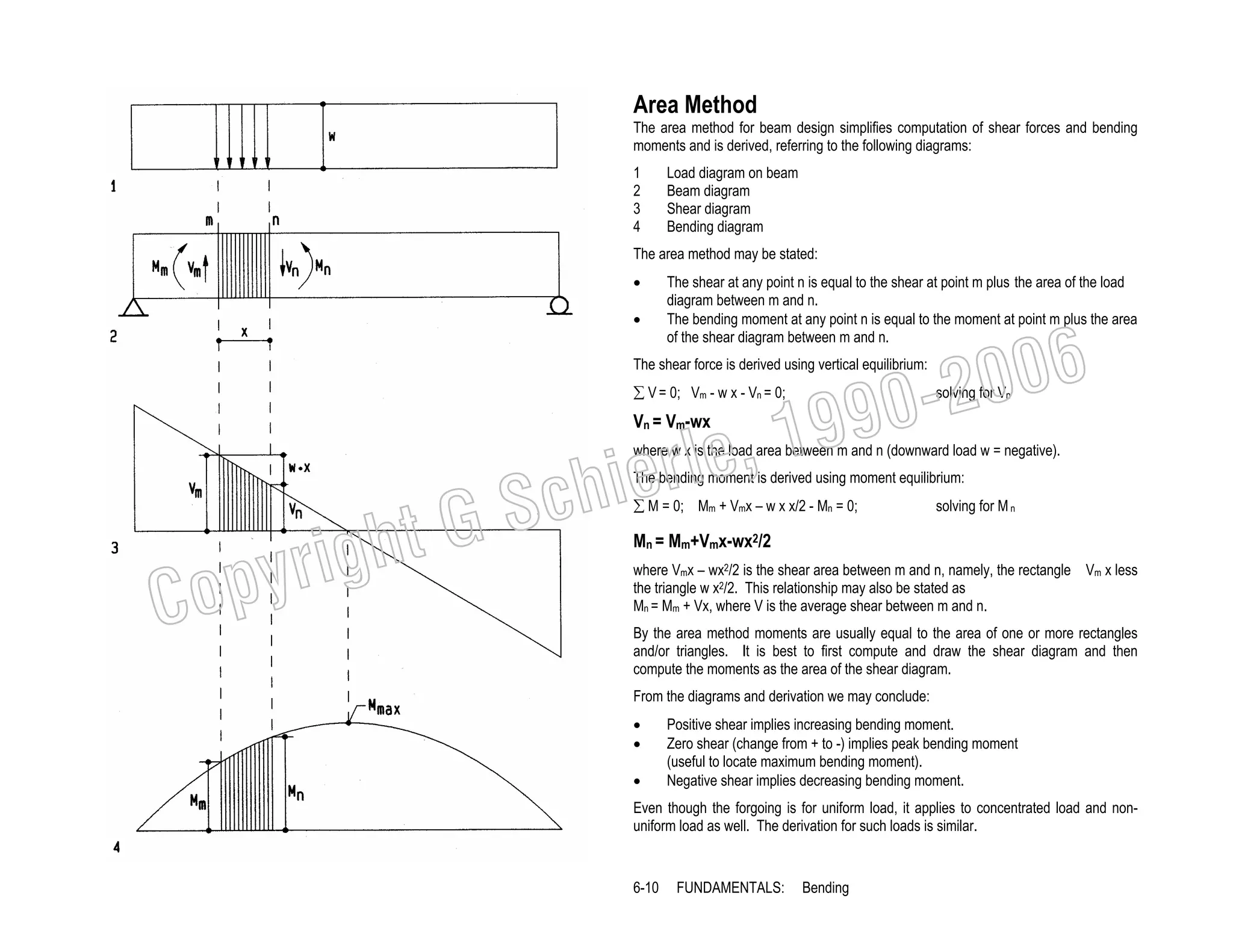 Area Method
The area method for beam design simplifies computation of shear forces and bending
moments and is derived, referring to the following diagrams:
1
2
3
4

Load diagram on beam
Beam diagram
Shear diagram
Bending diagram

The area method may be stated:
•
•

The shear at any point n is equal to the shear at point m plus the area of the load
diagram between m and n.
The bending moment at any point n is equal to the moment at point m plus the area
of the shear diagram between m and n.

006
0-2
9

The shear force is derived using vertical equilibrium:

, 19
erle
chi
GS
t
∑ V = 0; Vm - w x - Vn = 0;

Vn = Vm-wx

solving for Vn

where w x is the load area between m and n (downward load w = negative).
The bending moment is derived using moment equilibrium:

C

righ
opy

∑ M = 0; Mm + Vmx – w x x/2 - Mn = 0;

solving for M n

Mn = Mm+Vmx-wx2/2

where Vmx – wx2/2 is the shear area between m and n, namely, the rectangle Vm x less
the triangle w x2/2. This relationship may also be stated as
Mn = Mm + Vx, where V is the average shear between m and n.
By the area method moments are usually equal to the area of one or more rectangles
and/or triangles. It is best to first compute and draw the shear diagram and then
compute the moments as the area of the shear diagram.
From the diagrams and derivation we may conclude:
•
•

•

Positive shear implies increasing bending moment.
Zero shear (change from + to -) implies peak bending moment
(useful to locate maximum bending moment).
Negative shear implies decreasing bending moment.

Even though the forgoing is for uniform load, it applies to concentrated load and nonuniform load as well. The derivation for such loads is similar.

6-10

FUNDAMENTALS:

Bending

 