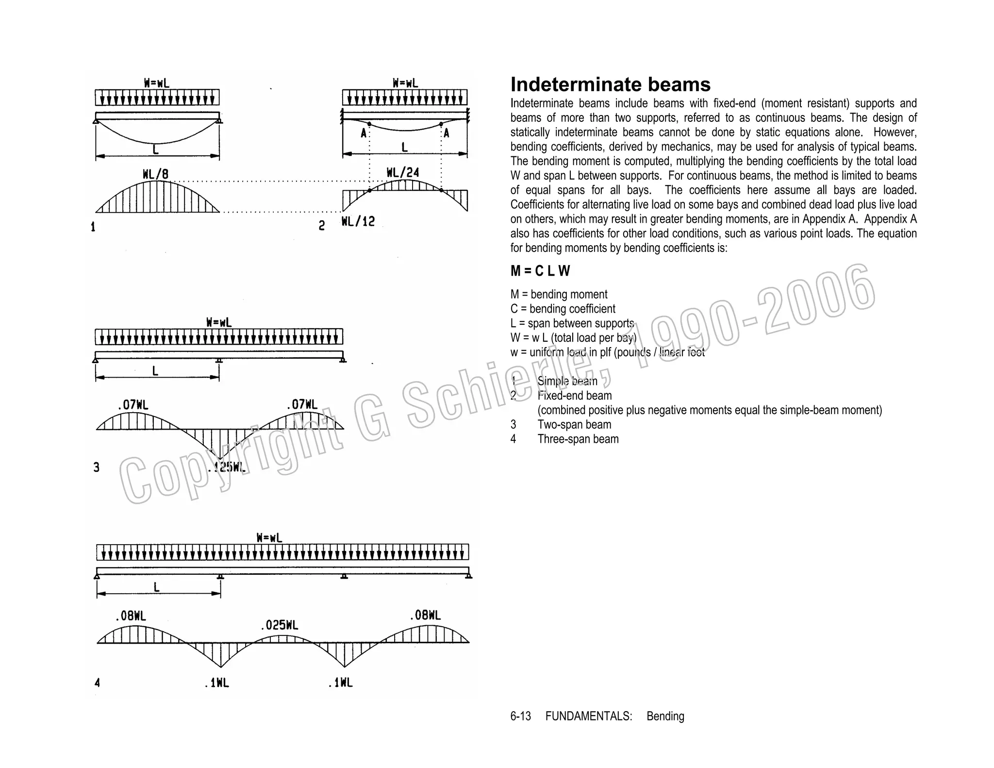 Indeterminate beams
Indeterminate beams include beams with fixed-end (moment resistant) supports and
beams of more than two supports, referred to as continuous beams. The design of
statically indeterminate beams cannot be done by static equations alone. However,
bending coefficients, derived by mechanics, may be used for analysis of typical beams.
The bending moment is computed, multiplying the bending coefficients by the total load
W and span L between supports. For continuous beams, the method is limited to beams
of equal spans for all bays. The coefficients here assume all bays are loaded.
Coefficients for alternating live load on some bays and combined dead load plus live load
on others, which may result in greater bending moments, are in Appendix A. Appendix A
also has coefficients for other load conditions, such as various point loads. The equation
for bending moments by bending coefficients is:

006
0-2
9

M=CLW

M = bending moment
C = bending coefficient
L = span between supports
W = w L (total load per bay)
w = uniform load in plf (pounds / linear foot

C

righ
opy

, 19
erle
chi
GS
t
1
2
3
4

6-13

Simple beam
Fixed-end beam
(combined positive plus negative moments equal the simple-beam moment)
Two-span beam
Three-span beam

FUNDAMENTALS:

Bending

 