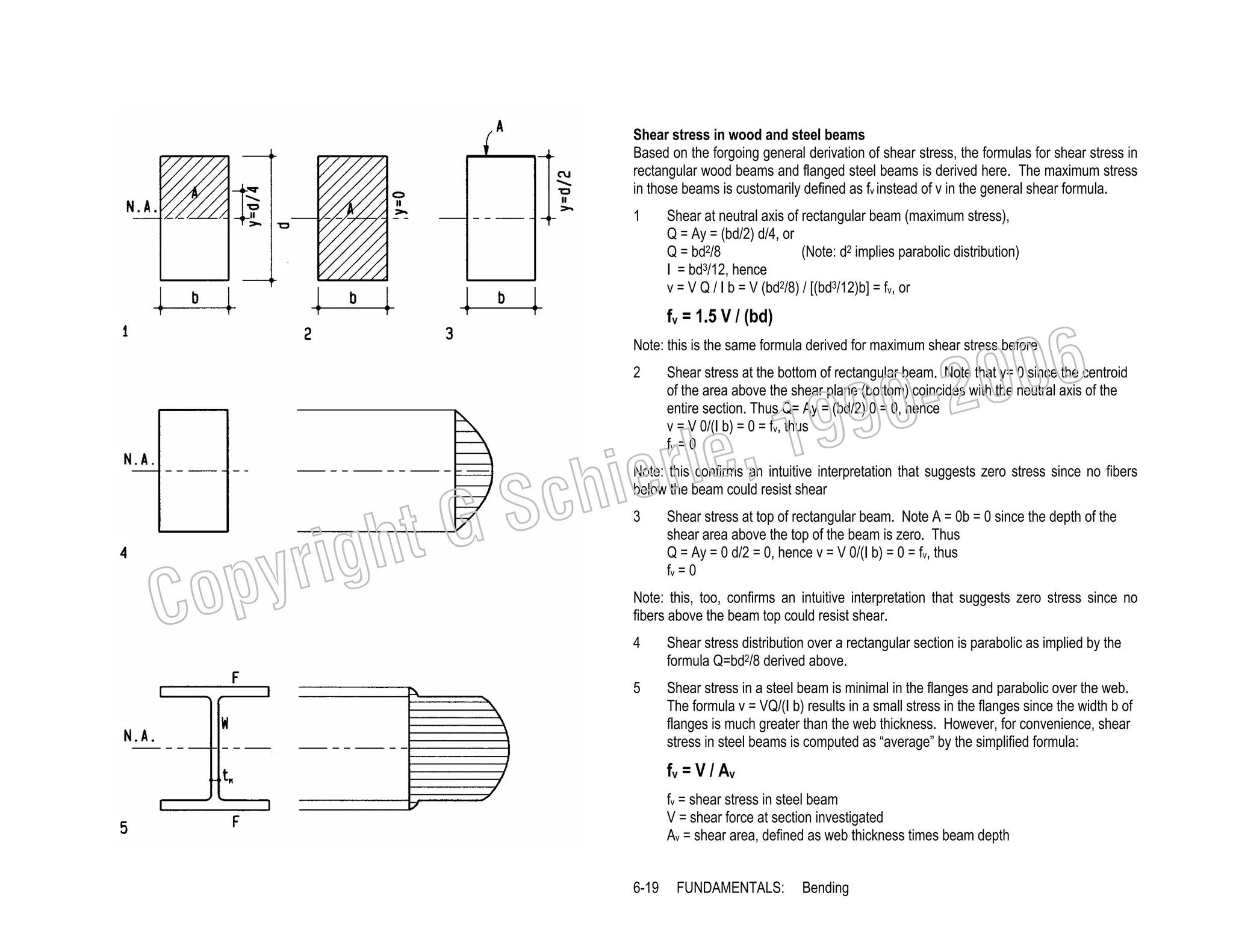 Shear stress in wood and steel beams
Based on the forgoing general derivation of shear stress, the formulas for shear stress in
rectangular wood beams and flanged steel beams is derived here. The maximum stress
in those beams is customarily defined as fv instead of v in the general shear formula.
1

Shear at neutral axis of rectangular beam (maximum stress),
Q = Ay = (bd/2) d/4, or
(Note: d2 implies parabolic distribution)
Q = bd2/8
3/12, hence
I = bd
v = V Q / I b = V (bd2/8) / [(bd3/12)b] = fv, or

fv = 1.5 V / (bd)

006
0-2
9

Note: this is the same formula derived for maximum shear stress before
2

, 19
erle
chi
GS
t

righ
opy

C

Shear stress at the bottom of rectangular beam. Note that y= 0 since the centroid
of the area above the shear plane (bottom) coincides with the neutral axis of the
entire section. Thus Q= Ay = (bd/2) 0 = 0, hence
v = V 0/(I b) = 0 = fv, thus
fv = 0

Note: this confirms an intuitive interpretation that suggests zero stress since no fibers
below the beam could resist shear
3

Shear stress at top of rectangular beam. Note A = 0b = 0 since the depth of the
shear area above the top of the beam is zero. Thus
Q = Ay = 0 d/2 = 0, hence v = V 0/(I b) = 0 = fv, thus
fv = 0

Note: this, too, confirms an intuitive interpretation that suggests zero stress since no
fibers above the beam top could resist shear.
4

Shear stress distribution over a rectangular section is parabolic as implied by the
formula Q=bd2/8 derived above.

5

Shear stress in a steel beam is minimal in the flanges and parabolic over the web.
The formula v = VQ/(I b) results in a small stress in the flanges since the width b of
flanges is much greater than the web thickness. However, for convenience, shear
stress in steel beams is computed as “average” by the simplified formula:

fv = V / Av
fv = shear stress in steel beam
V = shear force at section investigated
Av = shear area, defined as web thickness times beam depth
6-19

FUNDAMENTALS:

Bending

 