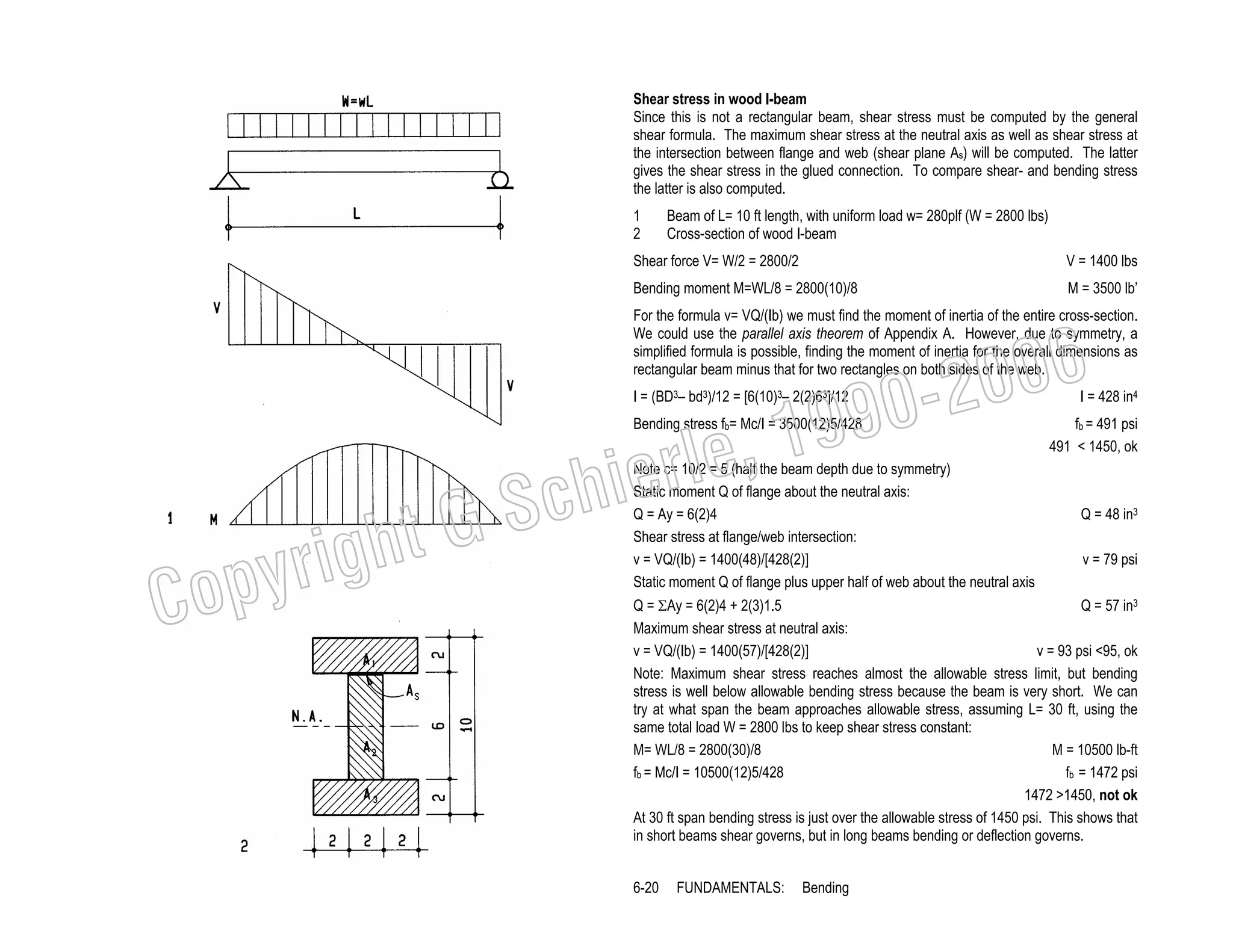 Shear stress in wood I-beam
Since this is not a rectangular beam, shear stress must be computed by the general
shear formula. The maximum shear stress at the neutral axis as well as shear stress at
the intersection between flange and web (shear plane As) will be computed. The latter
gives the shear stress in the glued connection. To compare shear- and bending stress
the latter is also computed.
1
2

Beam of L= 10 ft length, with uniform load w= 280plf (W = 2800 lbs)
Cross-section of wood I-beam

Shear force V= W/2 = 2800/2

V = 1400 lbs

Bending moment M=WL/8 = 2800(10)/8

M = 3500 lb’

For the formula v= VQ/(Ib) we must find the moment of inertia of the entire cross-section.
We could use the parallel axis theorem of Appendix A. However, due to symmetry, a
simplified formula is possible, finding the moment of inertia for the overall dimensions as
rectangular beam minus that for two rectangles on both sides of the web.

006
0-2
9

, 19
erle
chi
GS
t
I = (BD3– bd3)/12 = [6(10)3– 2(2)63]/12

Bending stress fb= Mc/I = 3500(12)5/428

C

righ
opy

Note c= 10/2 = 5 (half the beam depth due to symmetry)
Static moment Q of flange about the neutral axis:
Q = Ay = 6(2)4
Shear stress at flange/web intersection:
v = VQ/(Ib) = 1400(48)/[428(2)]
Static moment Q of flange plus upper half of web about the neutral axis

I = 428 in4

fb = 491 psi
491 < 1450, ok

Q = 48 in3
v = 79 psi

Q = ΣAy = 6(2)4 + 2(3)1.5
Q = 57 in3
Maximum shear stress at neutral axis:
v = VQ/(Ib) = 1400(57)/[428(2)]
v = 93 psi <95, ok
Note: Maximum shear stress reaches almost the allowable stress limit, but bending
stress is well below allowable bending stress because the beam is very short. We can
try at what span the beam approaches allowable stress, assuming L= 30 ft, using the
same total load W = 2800 lbs to keep shear stress constant:
M= WL/8 = 2800(30)/8
M = 10500 lb-ft
fb = 1472 psi
fb = Mc/I = 10500(12)5/428
1472 >1450, not ok
At 30 ft span bending stress is just over the allowable stress of 1450 psi. This shows that
in short beams shear governs, but in long beams bending or deflection governs.
6-20

FUNDAMENTALS:

Bending

 
