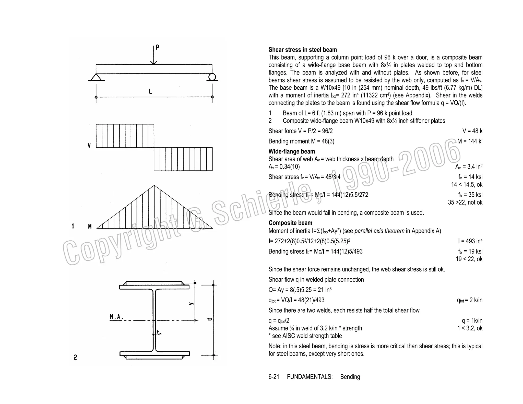 Shear stress in steel beam
This beam, supporting a column point load of 96 k over a door, is a composite beam
consisting of a wide-flange base beam with 8x½ in plates welded to top and bottom
flanges. The beam is analyzed with and without plates. As shown before, for steel
beams shear stress is assumed to be resisted by the web only, computed as fv = V/Av.
The base beam is a W10x49 [10 in (254 mm) nominal depth, 49 lbs/ft (6.77 kg/m) DL]
with a moment of inertia Ixx= 272 in4 (11322 cm4) (see Appendix). Shear in the welds
connecting the plates to the beam is found using the shear flow formula q = VQ/(I).
1
2

Beam of L= 6 ft (1.83 m) span with P = 96 k point load
Composite wide-flange beam W10x49 with 8x½ inch stiffener plates

Shear force V = P/2 = 96/2

V = 48 k

006
0-2
9

Bending moment M = 48(3)

M = 144 k’

Wide-flange beam
Shear area of web Av = web thickness x beam depth
Av = 0.34(10)

, 19
erle
chi
GS
t
Shear stress fv = V/Av = 48/3.4

Bending stress fb = Mc/I = 144(12)5.5/272

C

righ
opy

Av = 3.4 in2

fv = 14 ksi
14 < 14.5, ok

fb = 35 ksi
35 >22, not ok

Since the beam would fail in bending, a composite beam is used.
Composite beam
Moment of inertia I=Σ(Ioo+Ay2) (see parallel axis theorem in Appendix A)

I= 272+2(8)0.53/12+2(8)0.5(5.25)2

Bending stress fb= Mc/I = 144(12)5/493

I = 493 in4
fb = 19 ksi
19 < 22, ok

Since the shear force remains unchanged, the web shear stress is still ok.
Shear flow q in welded plate connection
Q= Ay = 8(.5)5.25 = 21 in3
qtot = VQ/I = 48(21)/493

qtot = 2 k/in

Since there are two welds, each resists half the total shear flow
q = qtot/2
Assume ¼ in weld of 3.2 k/in * strength
* see AISC weld strength table

q = 1k/in
1 < 3.2, ok

Note: in this steel beam, bending is stress is more critical than shear stress; this is typical
for steel beams, except very short ones.
6-21

FUNDAMENTALS:

Bending

 