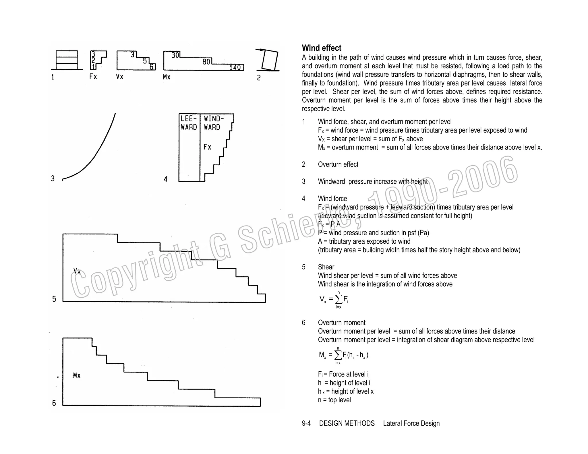 Wind effect
A building in the path of wind causes wind pressure which in turn causes force, shear,
and overturn moment at each level that must be resisted, following a load path to the
foundations (wind wall pressure transfers to horizontal diaphragms, then to shear walls,
finally to foundation). Wind pressure times tributary area per level causes lateral force
per level. Shear per level, the sum of wind forces above, defines required resistance.
Overturn moment per level is the sum of forces above times their height above the
respective level.
1

2

Overturn effect

3

Windward pressure increase with height

4

Wind force
Fx = (windward pressure + leeward suction) times tributary area per level
(leeward wind suction is assumed constant for full height)
Fx = P A
P = wind pressure and suction in psf (Pa)
A = tributary area exposed to wind
(tributary area = building width times half the story height above and below)

5

Shear
Wind shear per level = sum of all wind forces above
Wind shear is the integration of wind forces above

006
0-2
9

, 19
erle
chi
GS
t

righ
opy

C

Wind force, shear, and overturn moment per level
Fx = wind force = wind pressure times tributary area per level exposed to wind
VX = shear per level = sum of Fx above
Mx = overturn moment = sum of all forces above times their distance above level x.

n

Vx = ∑ Fi
i=x

6

Overturn moment
Overturn moment per level = sum of all forces above times their distance
Overturn moment per level = integration of shear diagram above respective level
n

Mx = ∑ Fi (h i - hx )
i=x

Fi = Force at level i
h i = height of level i
h x = height of level x
n = top level
9-4

DESIGN METHODS

Lateral Force Design

 
