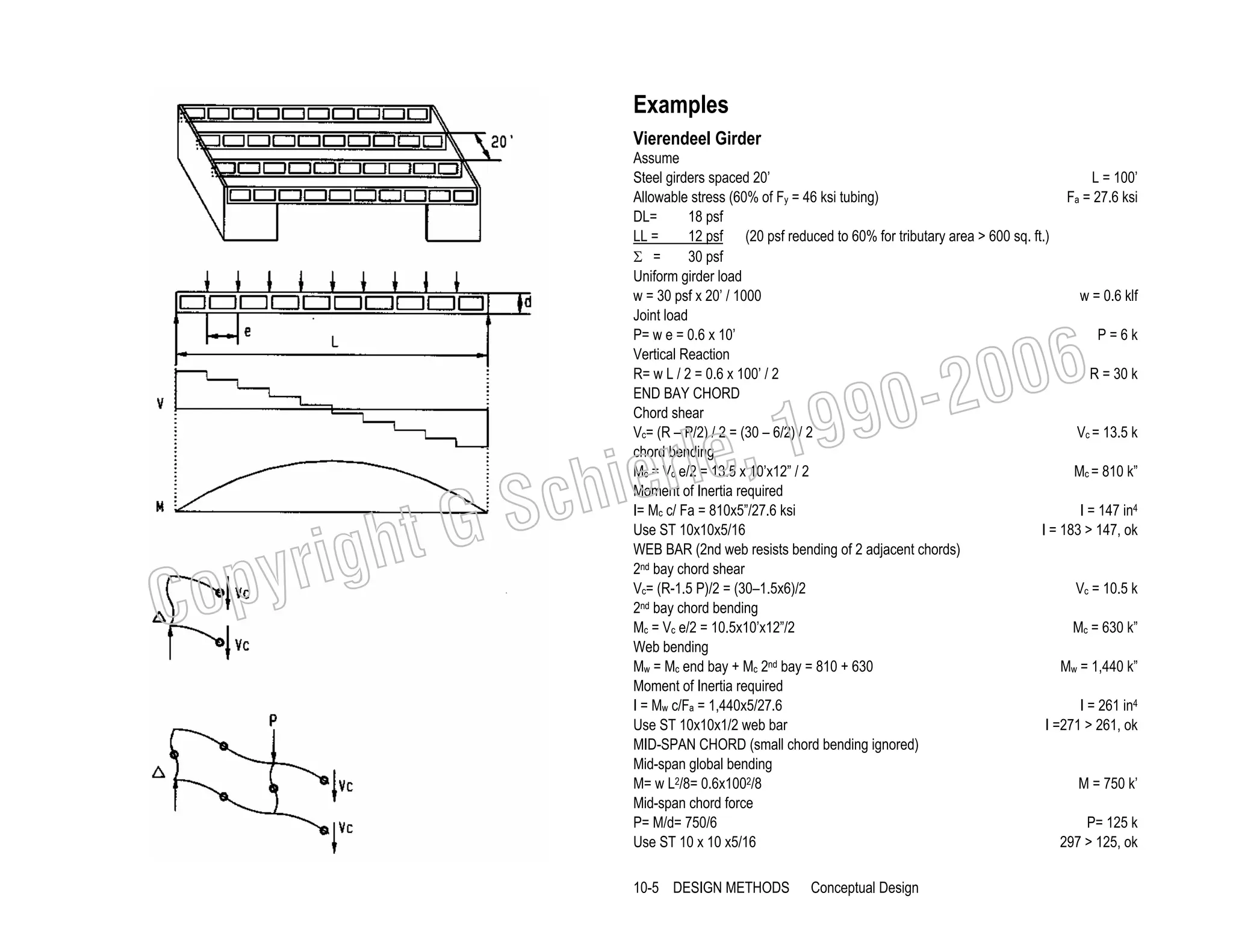 Examples
Vierendeel Girder
Assume
Steel girders spaced 20’
L = 100’
Allowable stress (60% of Fy = 46 ksi tubing)
Fa = 27.6 ksi
DL=
18 psf
LL =
12 psf (20 psf reduced to 60% for tributary area > 600 sq. ft.)
Σ =
30 psf
Uniform girder load
w = 30 psf x 20’ / 1000
w = 0.6 klf
Joint load
P= w e = 0.6 x 10’
P=6k
Vertical Reaction
R= w L / 2 = 0.6 x 100’ / 2
R = 30 k
END BAY CHORD
Chord shear
Vc = 13.5 k
Vc= (R – P/2) / 2 = (30 – 6/2) / 2
chord bending
Mc = Vc e/2 = 13.5 x 10’x12” / 2
Mc = 810 k”
Moment of Inertia required
I= Mc c/ Fa = 810x5”/27.6 ksi
I = 147 in4
Use ST 10x10x5/16
I = 183 > 147, ok
WEB BAR (2nd web resists bending of 2 adjacent chords)
2nd bay chord shear
Vc= (R-1.5 P)/2 = (30–1.5x6)/2
Vc = 10.5 k
2nd bay chord bending
Mc = Vc e/2 = 10.5x10’x12”/2
Mc = 630 k”
Web bending
Mw = Mc end bay + Mc 2nd bay = 810 + 630
Mw = 1,440 k”
Moment of Inertia required
I = Mw c/Fa = 1,440x5/27.6
I = 261 in4
Use ST 10x10x1/2 web bar
I =271 > 261, ok
MID-SPAN CHORD (small chord bending ignored)
Mid-span global bending
M= w L2/8= 0.6x1002/8
M = 750 k’
Mid-span chord force
P= M/d= 750/6
P= 125 k
Use ST 10 x 10 x5/16
297 > 125, ok

006
0-2
9

C

righ
opy

, 19
erle
chi
GS
t

10-5 DESIGN METHODS

Conceptual Design

 