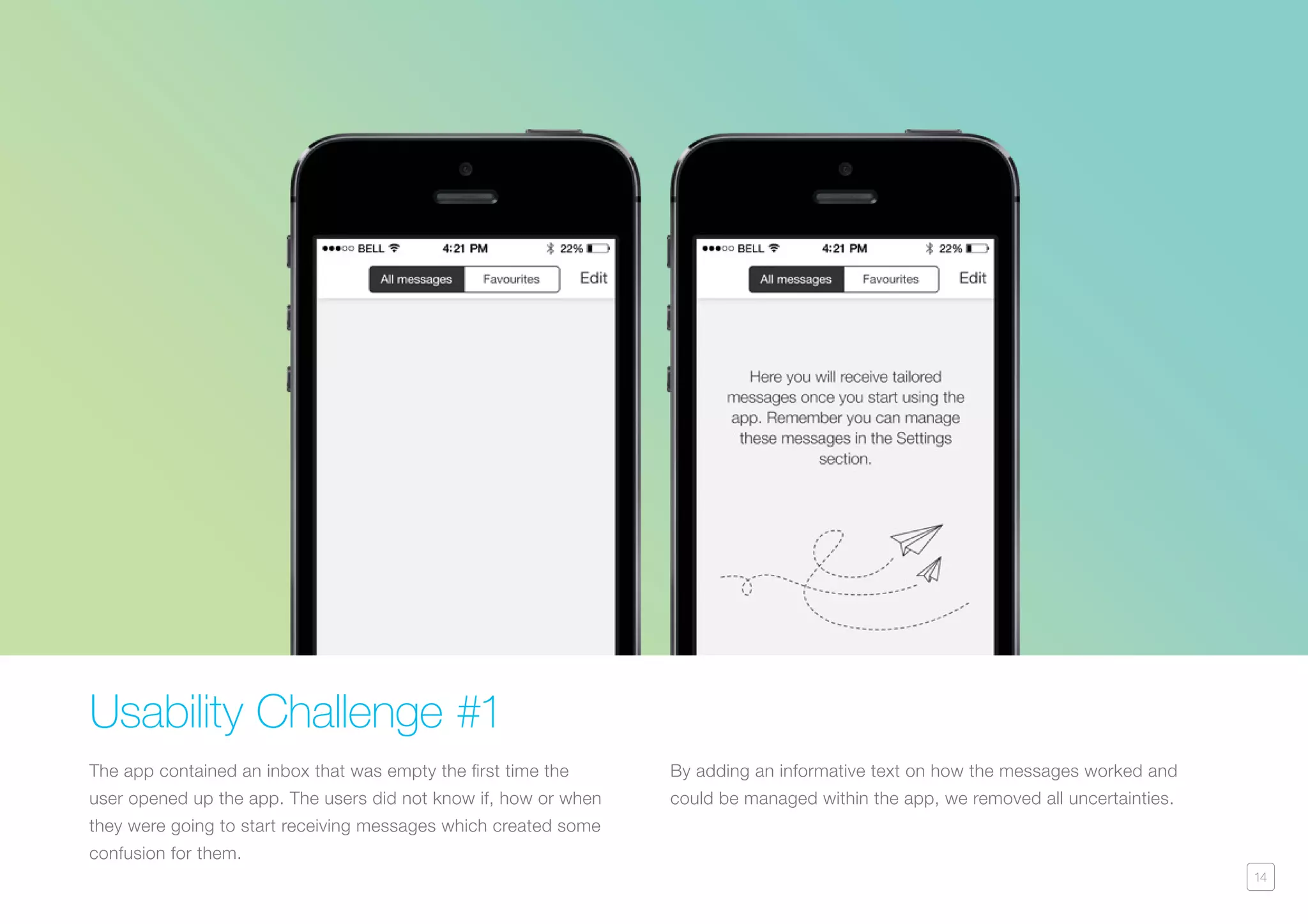14
Usability Challenge #1
The app contained an inbox that was empty the first time the
user opened up the app. The users did not know if, how or when
they were going to start receiving messages which created some
confusion for them.
By adding an informative text on how the messages worked and
could be managed within the app, we removed all uncertainties.
 