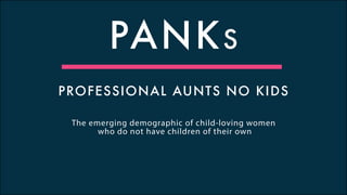 PROFESSIONAL AUNTS NO KIDS
PANKs
The emerging demographic of
child-loving women who do not
have children of their own
 