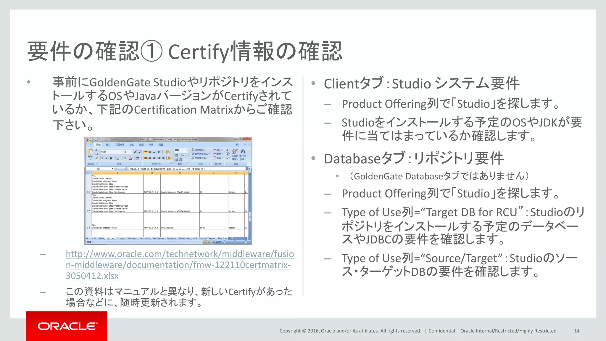 Copyright © 2016, Oracle and/or its affiliates. All rights reserved. |
• 事前にGoldenGate Studioやリポジトリをインス
トールするOSやJavaバージョンがCertifyされて
いるか、下記のCertification Matrixからご確認
下さい。
– http://www.oracle.com/technetwork/middleware/fusio
n-middleware/documentation/fmw-122110certmatrix-
3050412.xlsx
– この資料はマニュアルと異なり、新しいCertifyがあった
場合などに、随時更新されます。
• Clientタブ：Studio システム要件
– Product Offering列で「Studio」を探します。
– Studioをインストールする予定のOSやJDKが要
件に当てはまっているか確認します。
• Databaseタブ：リポジトリ要件
• （GoldenGate Databaseタブではありません）
– Product Offering列で「Studio」を探します。
– Type of Use列=“Target DB for RCU”：Studioのリ
ポジトリをインストールする予定のデータベー
スやJDBCの要件を確認します。
– Type of Use列=“Source/Target”：Studioのソー
ス・ターゲットDBの要件を確認します。
Confidential – Oracle Internal/Restricted/Highly Restricted 14
要件の確認① Certify情報の確認
 