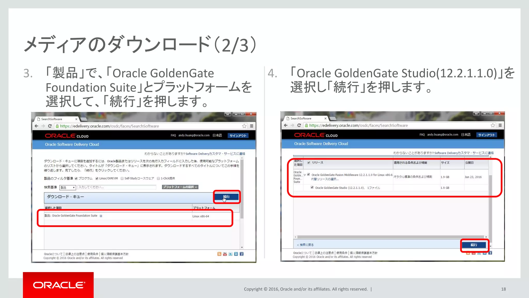 Copyright © 2016, Oracle and/or its affiliates. All rights reserved. |
4. 「Oracle GoldenGate Studio(12.2.1.1.0)」を
選択し「続行」を押します。
メディアのダウンロード（2/3）
3. 「製品」で、「Oracle GoldenGate
Foundation Suite」とプラットフォームを
選択して、「続行」を押します。
18
 