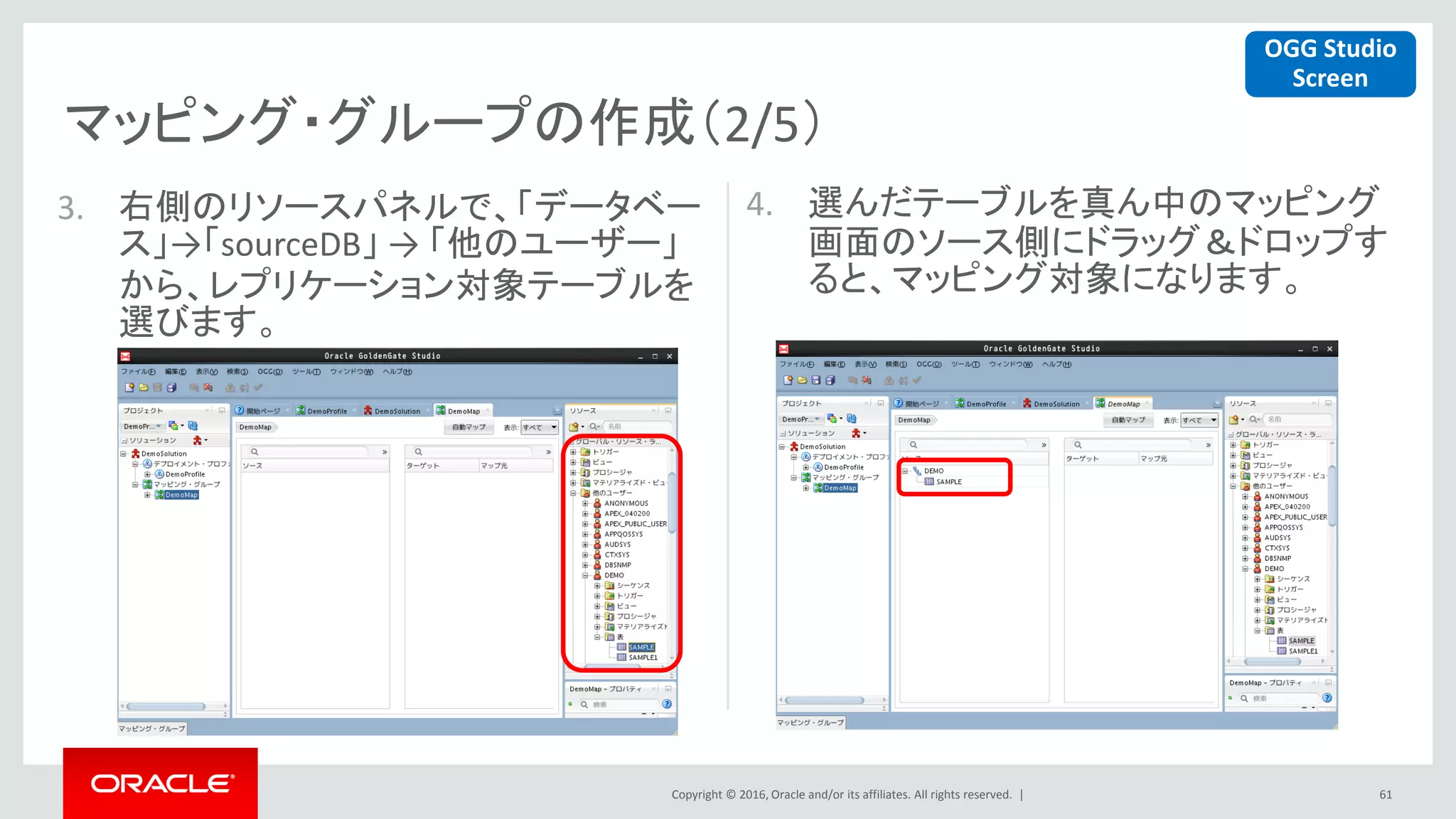 Copyright © 2016, Oracle and/or its affiliates. All rights reserved. |
マッピング・グループの作成（2/5）
61
3. 右側のリソースパネルで、「データベー
ス」→「sourceDB」 → 「他のユーザー」
から、レプリケーション対象テーブルを
選びます。
4. 選んだテーブルを真ん中のマッピング
画面のソース側にドラッグ＆ドロップす
ると、マッピング対象になります。
OGG Studio
Screen
 