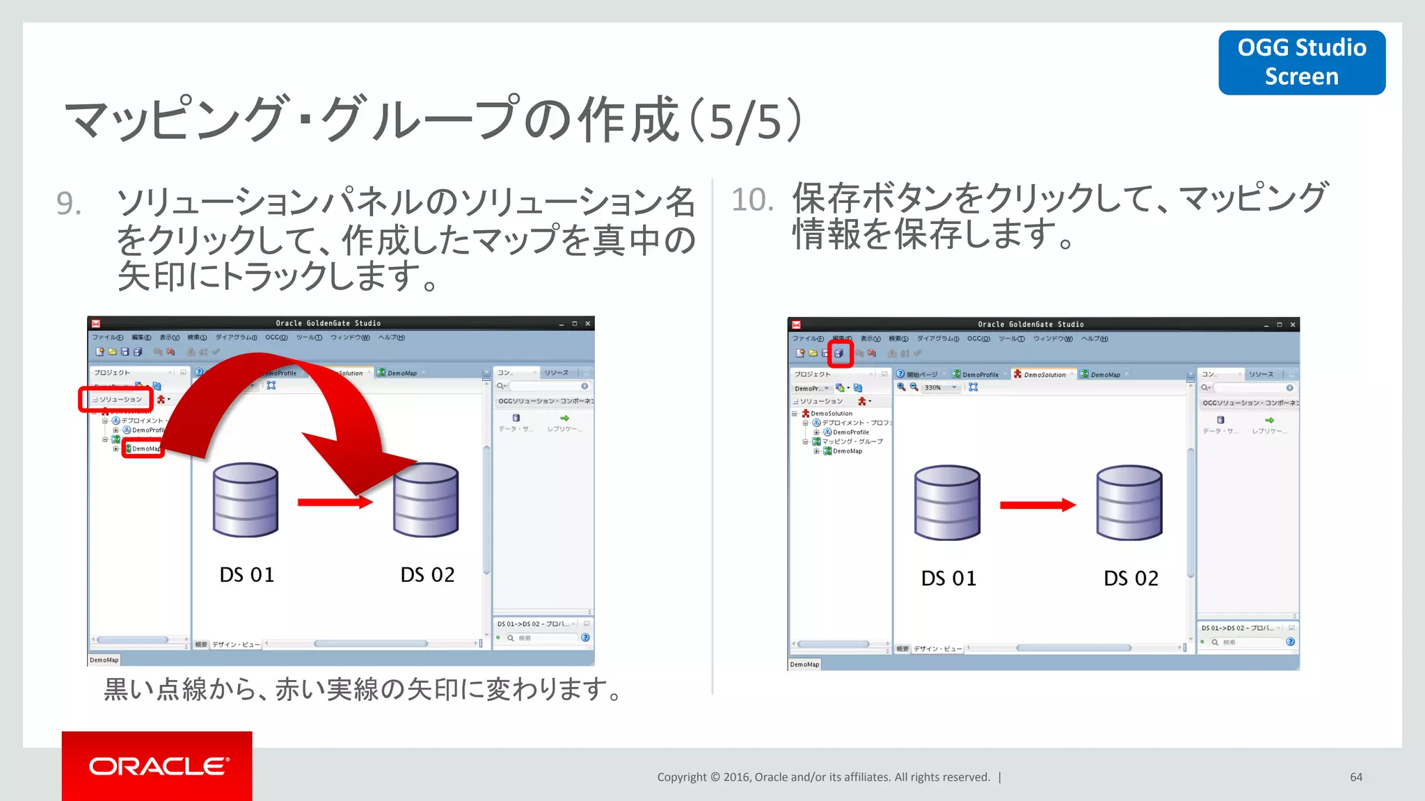 Copyright © 2016, Oracle and/or its affiliates. All rights reserved. |
マッピング・グループの作成（5/5）
64
9. ソリューションパネルのソリューション名
をクリックして、作成したマップを真中の
矢印にトラックします。
10. 保存ボタンをクリックして、マッピング
情報を保存します。
OGG Studio
Screen
黒い点線から、赤い実線の矢印に変わります。
 
