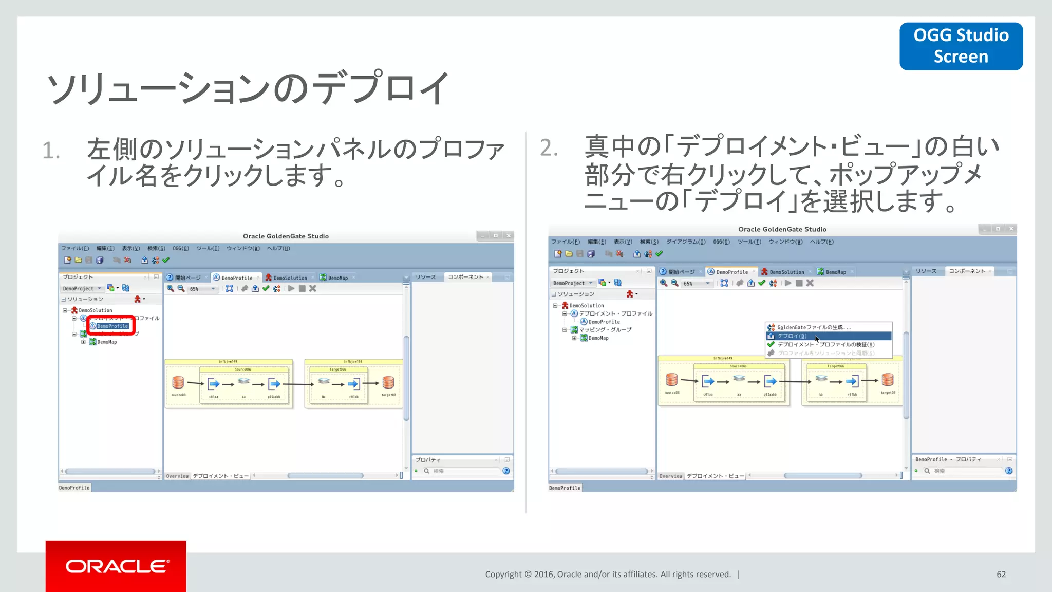 Copyright © 2016, Oracle and/or its affiliates. All rights reserved. |
ソリューションのデプロイ
62
1. 左側のソリューションパネルのプロファ
イル名をクリックします。
2. 真中の「デプロイメント・ビュー」の白い
部分で右クリックして、ポップアップメ
ニューの「デプロイ」を選択します。
OGG Studio
Screen
 