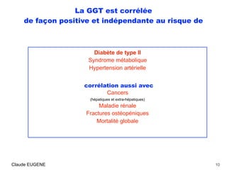 La GGT est corrélée
de façon positive et indépendante au risque de
Diabète de type II
Syndrome métabolique
Hypertension artérielle
corrélation aussi avec
Cancers
(hépatiques et extra-hépatiques)
Maladie rénale
Fractures ostéopéniques
Mortalité globale
 
10Claude EUGENE
 