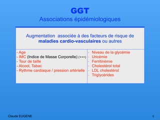 GGT
Associations épidémiologiques
.
6Claude EUGENE
Augmentation associée à des facteurs de risque de
maladies cardio-vasculaires ou autres
- Age 
- IMC (Indice de Masse Corporelle) (+++) 
- Tour de taille
- Alcool, Tabac
- Rythme cardiaque / pression artérielle
- Niveau de la glycémie
- Uricémie
- Ferritinémie
- Cholestérol total
- LDL cholestérol
- Triglycérides
 