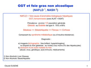 GGT et foie gras non alcoolique
(NAFLD 1, NASH 2)
NAFLD = 1ère
r
cause d’anomalies biologiques hépatiques
GGT, transaminases (avec ALAT > ASAT)
Prévalence : environ 1/3 population générale
Obésité ou Diabète de type II : 70% à 90%
Stéatose => Stéatohépatite => Fibrose => Cirrhose
Composant du syndrome métabolique (ou d’insulino-résistance)
Diagnostic :
 
a) imagerie (échographie : foie brillant, hyperéchogène)
ou biopsie du foie (stéatose : au niveau d’au moins 5% des hépatocytes)
b) exclusion d’une autre maladie du foie
(alcool, virus, génétique, auto-immune, médicaments)
1) Non Alcoholic Liver Disease
2) Non Alcoholic SteatoHepatitis
8Claude EUGENE
 