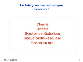 Le foie gras non alcoolique
est corrélé à
Obésité
Diabète
Syndrome métabolique
Risque cardio-vasculaire
Cancer du foie
9Claude EUGENE
 