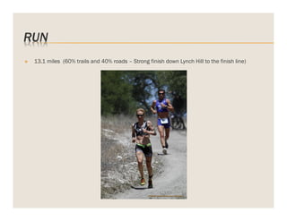 RUN
v 

13.1 miles (60% trails and 40% roads – Strong finish down Lynch Hill to the finish line)

 