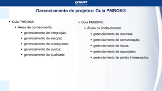 Gerenciamento de projetos: Guia PMBOK®
 Guia PMBOK®:
 Áreas de conhecimento:
 gerenciamento de integração;
 gerenciamento de escopo;
 gerenciamento de cronograma;
 gerenciamento de custos;
 gerenciamento de qualidade;
 Guia PMBOK®:
 Áreas de conhecimento:
 gerenciamento de recursos;
 gerenciamento de comunicação;
 gerenciamento de riscos;
 gerenciamento de aquisições;
 gerenciamento de partes interessadas.
 