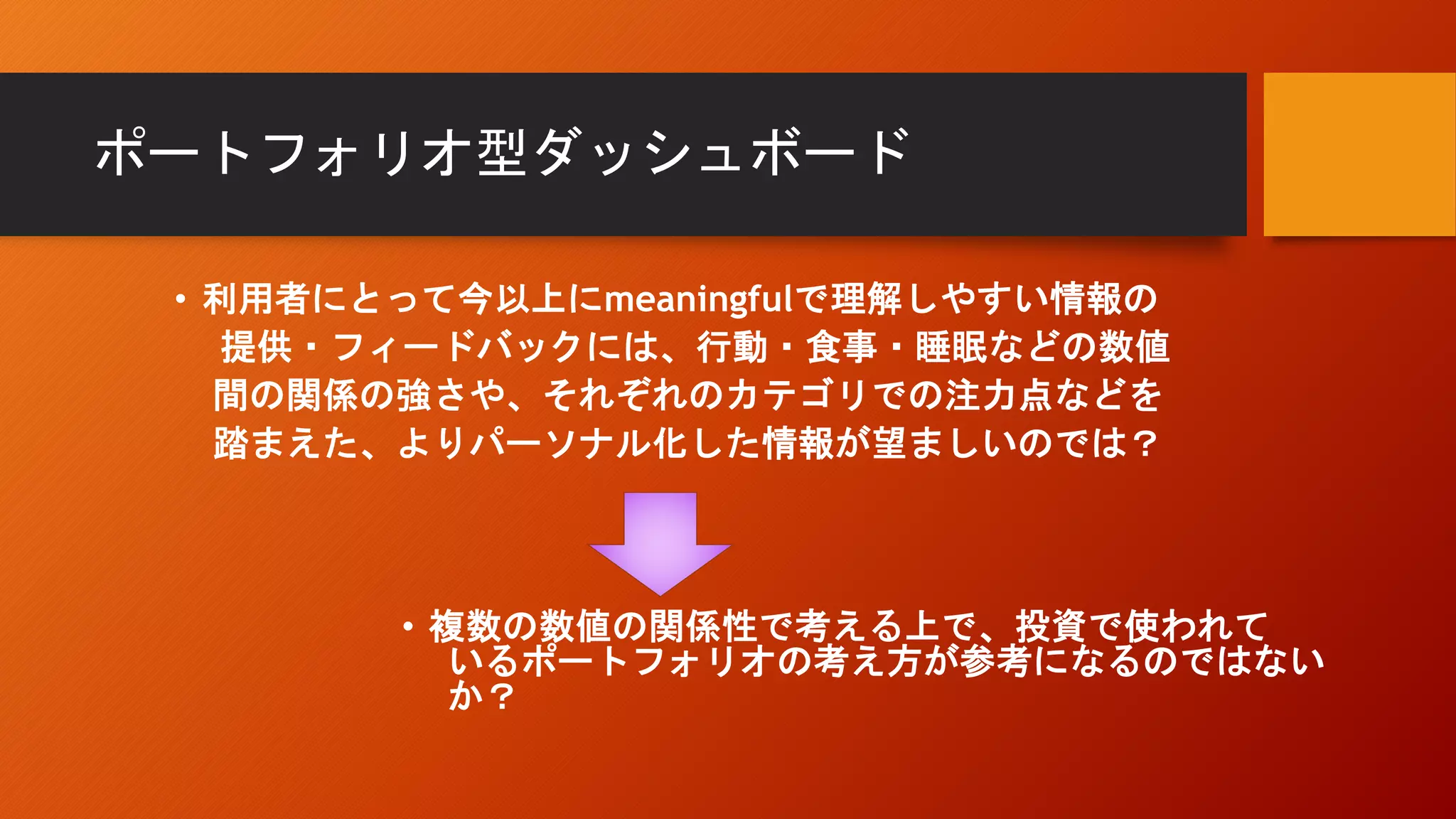 ポートフォリオ型ダッシュボード
• 利用者にとって今以上にmeaningfulで理解しやすい情報の
提供・フィードバックには、行動・食事・睡眠などの数値
間の関係の強さや、それぞれのカテゴリでの注力点などを
踏まえた、よりパーソナル化した情報が望ましいのでは？
• 複数の数値の関係性で考える上で、投資で使われて
いるポートフォリオの考え方が参考になるのではない
か？
 