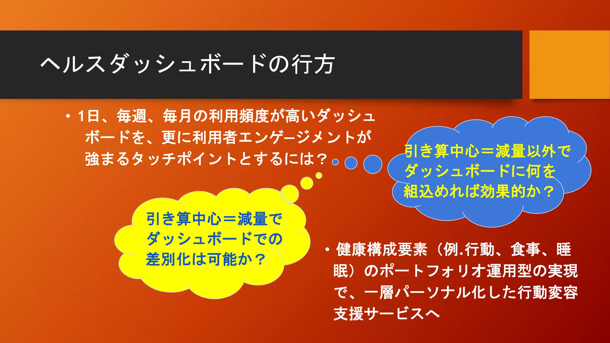 ヘルスダッシュボードの行方
• 1日、毎週、毎月の利用頻度が高いダッシュ
ボードを、更に利用者エンゲ―ジメントが
強まるタッチポイントとするには？
引き算中心＝減量以外で
ダッシュボードに何を
組込めれば効果的か？
引き算中心＝減量で
ダッシュボードでの
差別化は可能か？
• 健康構成要素（例.行動、食事、睡
眠）のポートフォリオ運用型の実現
で、一層パーソナル化した行動変容
支援サービスへ
 