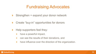 34
Fundraising Advocates
Strengthen + expand your donor network
Create “buy-in” opportunities for donors
Help supporters feel they:
have a powerful impact,
can see the results of their donations, and
have influence over the direction of the organization.
 
