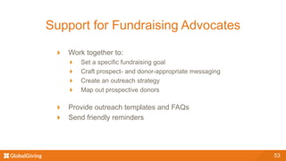 Support for Fundraising Advocates
Work together to:
Set a specific fundraising goal
Craft prospect- and donor-appropriate messaging
Create an outreach strategy
Map out prospective donors
Provide outreach templates and FAQs
Send friendly reminders
53
 