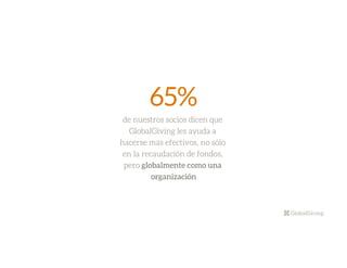 65%
de nuestros socios dicen que
GlobalGiving les ayuda a
hacerse mas efectivos, no sólo
en la recaudación de fondos,
pero globalmente como una
organización
 