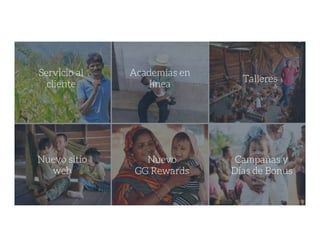 Servicio al
cliente
Talleres
Academias en
línea
Nuevo sitio
web
Nuevo
GG Rewards
Campañas y
Días de Bonus
 