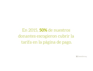 En 2015, 50% de nuestros
donantes escogieron cubrir la
tarifa en la página de pago.
 