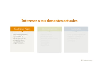 Interesar a sus donantes actuales
Fundraiser Pages
Donantes pueden
ayudar en la
recaudación de
fondos para su
organización.
Micro-proyectos
Use los micro-
proyectos para
recaudar fondos para
personas o
actividades
especiﬁcas.
Campañas
Cree el sentimiento de
urgencia y anime a
sus donantes a
participar.
 