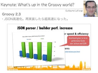 Keynote: What's up in the Groovy world?
Groovy 2.3
• JSON高速化。再実装したら超高速になった。
Guillaume LaForge
 
