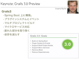 Keynote: Grails 3.0 Preview
Grails3
•Spring Boot 上に構築。
•プラグインシステムとイベント
•マルチプロジェクトビルド
•マイクロサービス対応
•膨れた部分を取り除く
•依存を減らす
Graeme Rocher
 