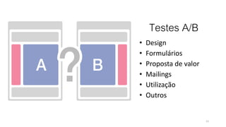 Testes A/B
• Design
• Formulários
• Proposta de valor
• Mailings
• Utilização
• Outros
12
 
