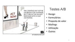 Testes A/B
• Design
• Formulários
• Proposta de valor
• Mailings
• Utilização
• Outros
14
 