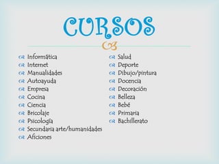 
 Informática
 Internet
 Manualidades
 Autoayuda
 Empresa
 Cocina
 Ciencia
 Bricolaje
 Psicología
 Secundaria arte/humanidades
 Aficiones
 Salud
 Deporte
 Dibujo/pintura
 Docencia
 Decoración
 Belleza
 Bebé
 Primaria
 Bachillerato
CURSOS
 