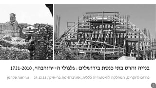 ‫לחקרים‬ ‫פורום‬,‫כללית‬ ‫להיסטוריה‬ ‫המחלקה‬,‫בר‬ ‫אוניברסיטת‬-‫אילן‬,24.12.18—‫אקרמן‬ ‫מריאנו‬
‫בירושלים‬ ‫כנסת‬ ‫בתי‬ ‫והרס‬ ‫בנייה‬:‫ה‬ ‫גלגולי‬-"‫חורבה‬",1721-2010
2
 