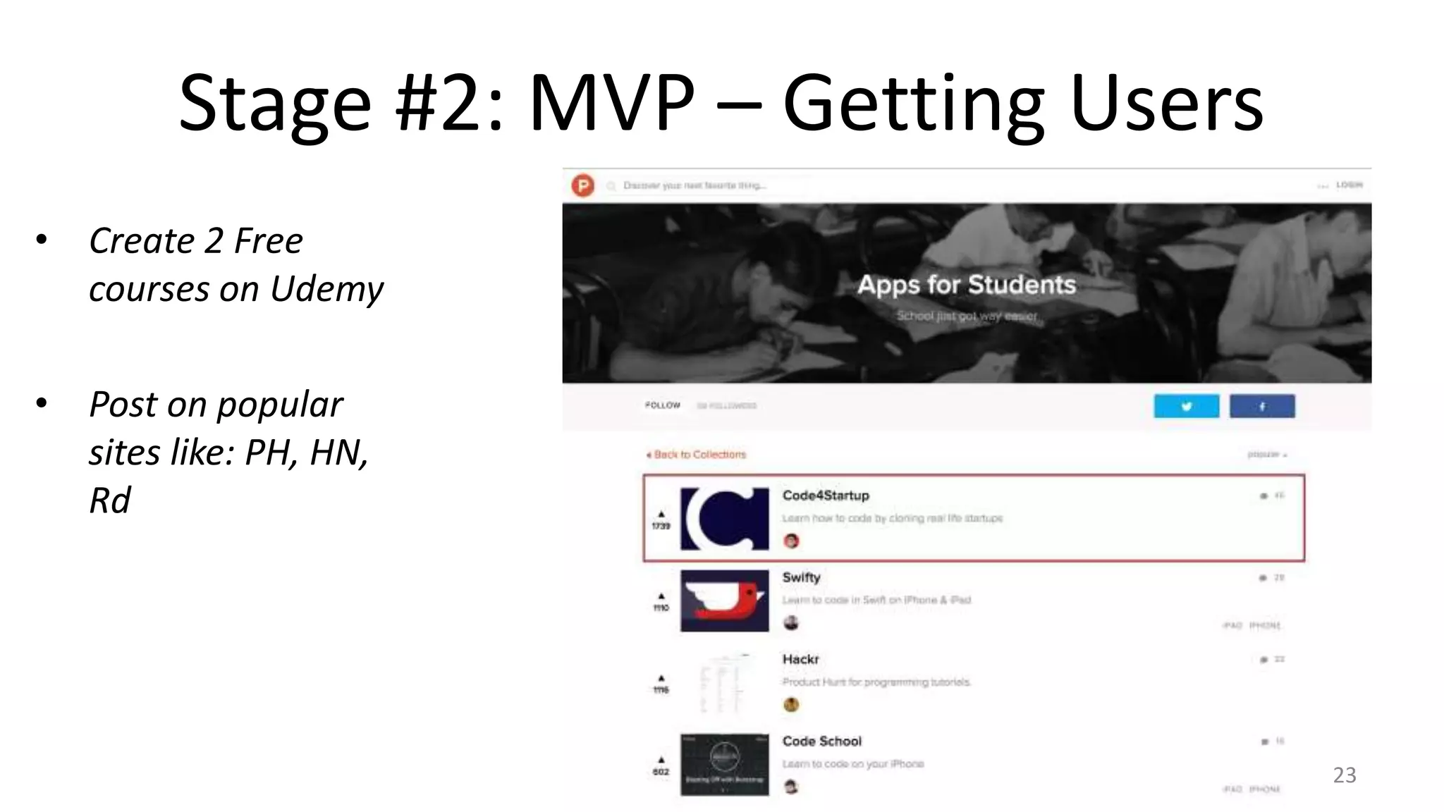 Stage #2: MVP – Getting Users
• Create 2 Free
courses on Udemy
• Post on popular
sites like: PH, HN,
Rd
23
 