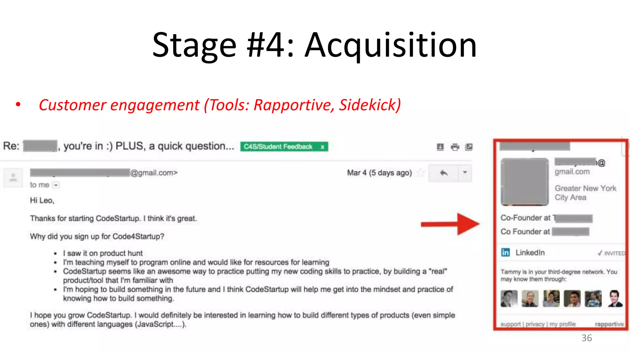 Stage #4: Acquisition
• Customer engagement (Tools: Rapportive, Sidekick)
36
 