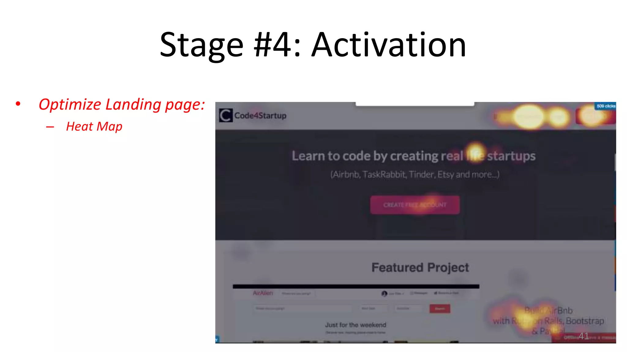 Stage #4: Activation
• Optimize Landing page:
– Heat Map
41
 