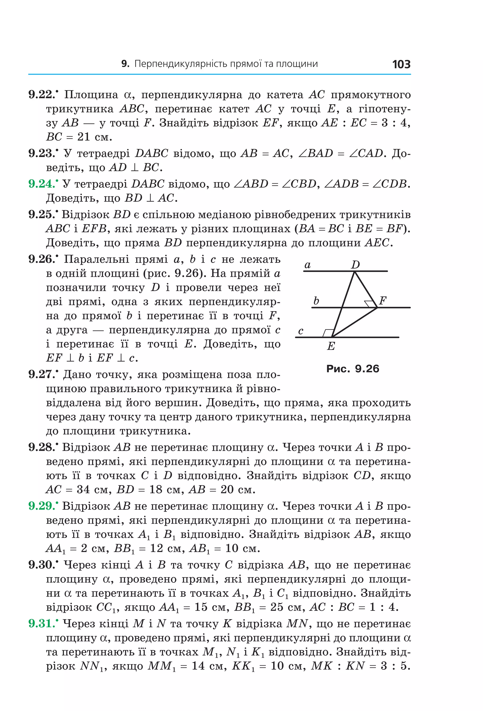 9. Перпендикулярність прямої та площини 103
9.22.•
Площина a, перпендикулярна до катета AC прямокутного
трикутника ABC, перетинає катет AC у точці E, а гіпотену-
зу AB — у точці F. Знайдіть відрізок EF, якщо AE : EC = 3 : 4,
BC = 21 см.
9.23.•
У тетраедрі DABC відомо, що AB = AC, ∠BAD = ∠CAD. До-
ведіть, що AD ^ BC.
9.24.•
У тетраедрі DABC відомо, що ∠ABD = ∠CBD, ∠ADB = ∠CDB.
Доведіть, що BD ^ AC.
9.25.•
Відрізок BD є спільною медіаною рівнобедрених трикутників
ABC і EFB, які лежать у різних площинах (BA = BC і BE = BF).
Доведіть, що пряма BD перпендикулярна до площини AEC.
9.26.•
Паралельні прямі a, b і c не лежать
в одній площині (рис. 9.26). На прямій a
позначили точку D і провели через неї
дві прямі, одна з яких перпендикуляр-
на до прямої b і перетинає її в точці F,
а друга — перпендикулярна до прямої c
і перетинає її в точці E. Доведіть, що
EF ^ b і EF ^ c.
9.27.•
Дано точку, яка розміщена поза пло-
щиною правильного трикутника й рівно-
віддалена від його вершин. Доведіть, що пряма, яка проходить
через дану точку та центр даного трикутника, перпендикулярна
до площини трикутника.
9.28.•
Відрізок AB не перетинає площину a. Через точки A і B про-
ведено прямі, які перпендикулярні до площини a та перетина-
ють її в точках C і D відповідно. Знайдіть відрізок CD, якщо
AC = 34 см, BD = 18 см, AB = 20 см.
9.29.•
Відрізок AB не перетинає площину a. Через точки A і B про-
ведено прямі, які перпендикулярні до площини a та перетина-
ють її в точках A1 і B1 відповідно. Знайдіть відрізок AB, якщо
AA1 = 2 см, BB1 = 12 см, AB1 = 10 см.
9.30.•
Через кінці A і B та точку C відрізка АВ, що не перетинає
площину a, проведено прямі, які перпендикулярні до площи-
ни a та перетинають її в точках A1, B1 і C1 відповідно. Знайдіть
відрізок CC1, якщо AA1 = 15 см, BB1 = 25 см, AC : BC = 1 : 4.
9.31.•
Через кінці M і N та точку K відрізка MN, що не перетинає
площину a, проведено прямі, які перпендикулярні до площини a
та перетинають її в точках M1, N1 і K1 відповідно. Знайдіть від-
різок NN1, якщо MM1 = 14 см, KK1 = 10 см, MK : KN = 3 : 5.
c
E
b
a
F
D
Рис. 9.26
Право для безоплатного розміщення підручника в мережі Інтернет має
Міністерство освіти і науки України http://mon.gov.ua/ та Інститут модернізації змісту освіти https://imzo.gov.ua
 